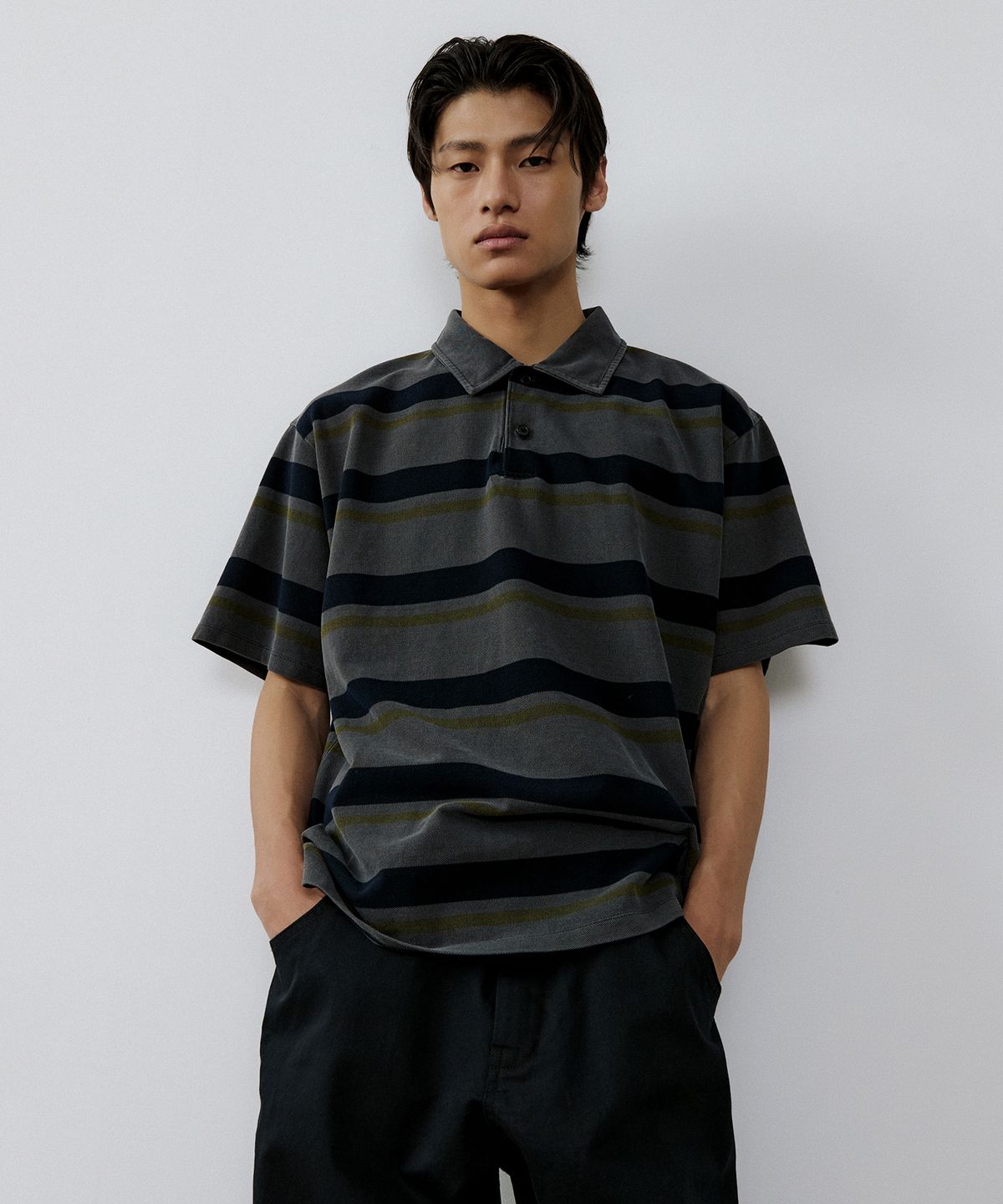 엔도어(ENDOOR) Vintage pk stripe 1/2 polo shirt (vtg gray)