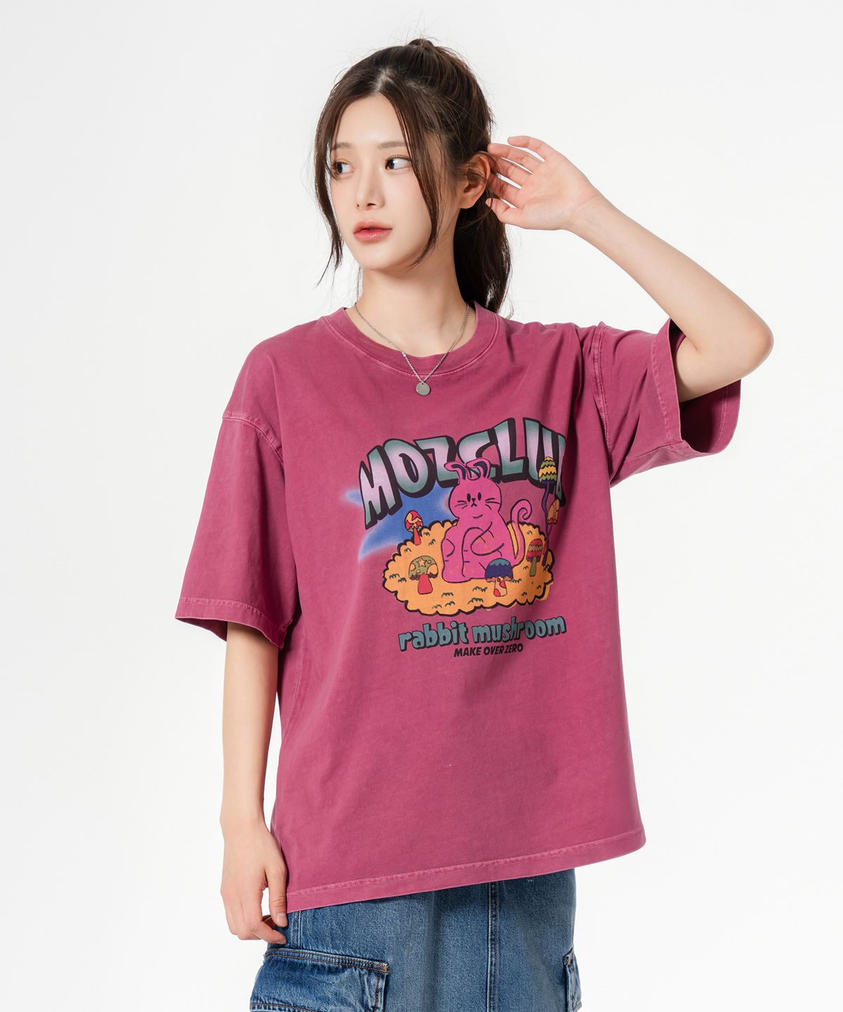 모즈모즈(MOZMOZ) 하이래빗 오버핏 피그먼트 반팔 티셔츠 핑크