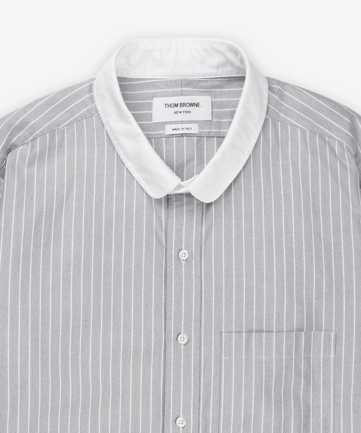 톰 브라운(THOM BROWNE) 스트라이프 옥스포드 4바 미니 라운드 카라 셔츠 - 네이비:화이트 / MWL414CF0013415