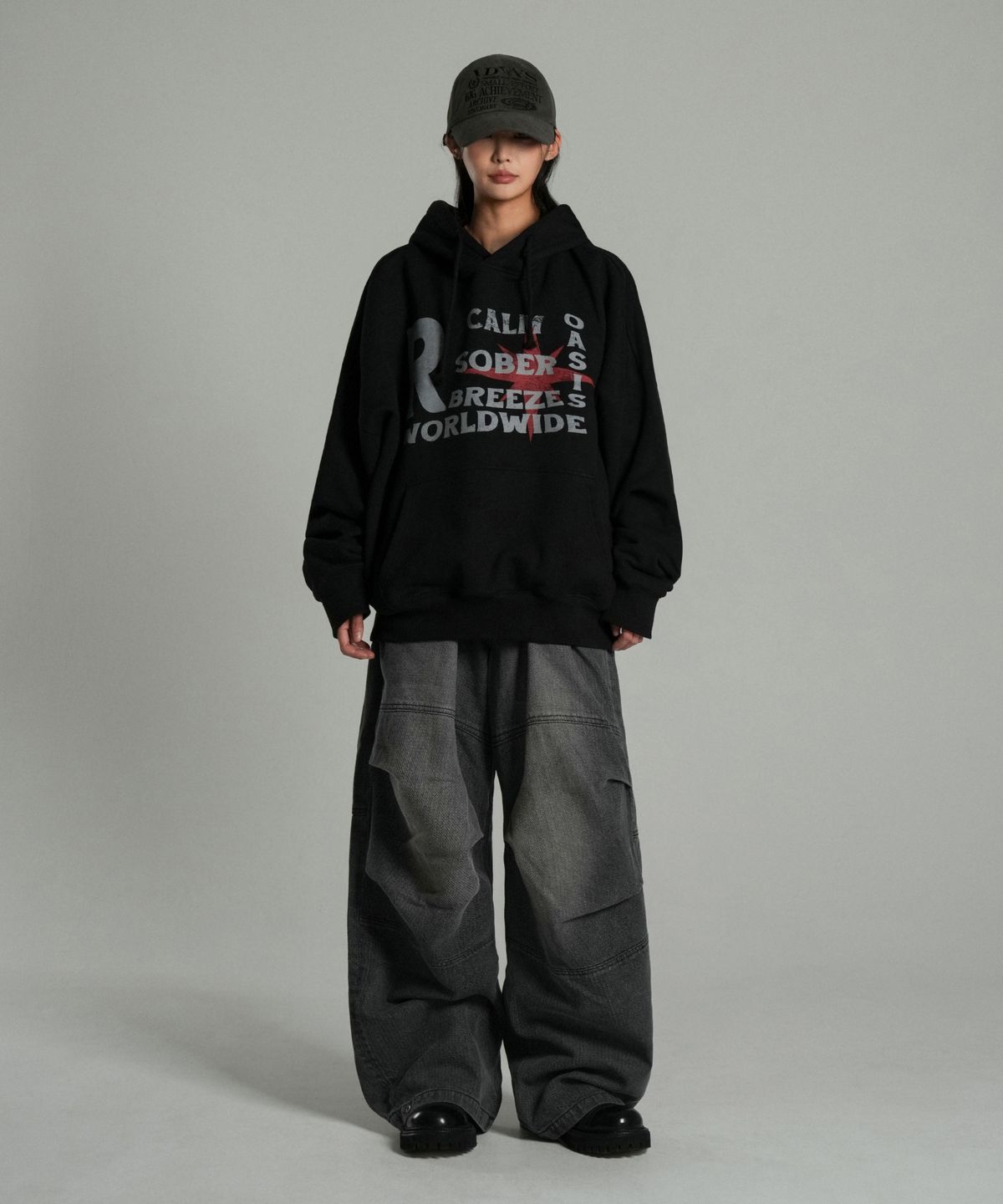 아이돈워너셀(IDWS) Cactus Pattern Maxi Denim Pants Black