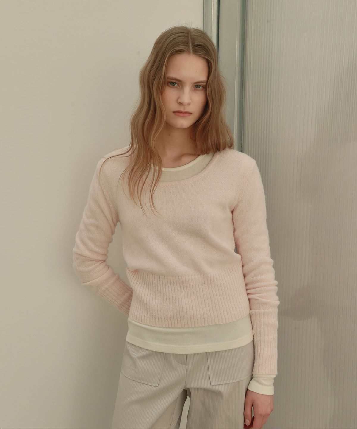 아우로(OURO) SQUARED NECK WOOL KNIT [ PINK ]