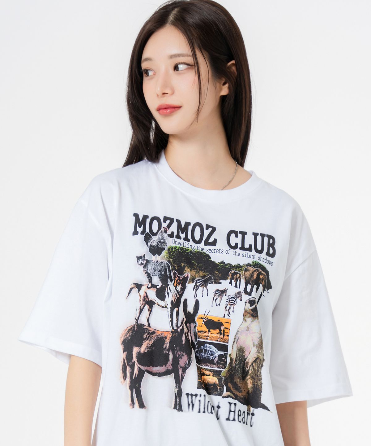 모즈모즈(MOZMOZ) 애니멀즈 오버핏 반팔 티셔츠 화이트
