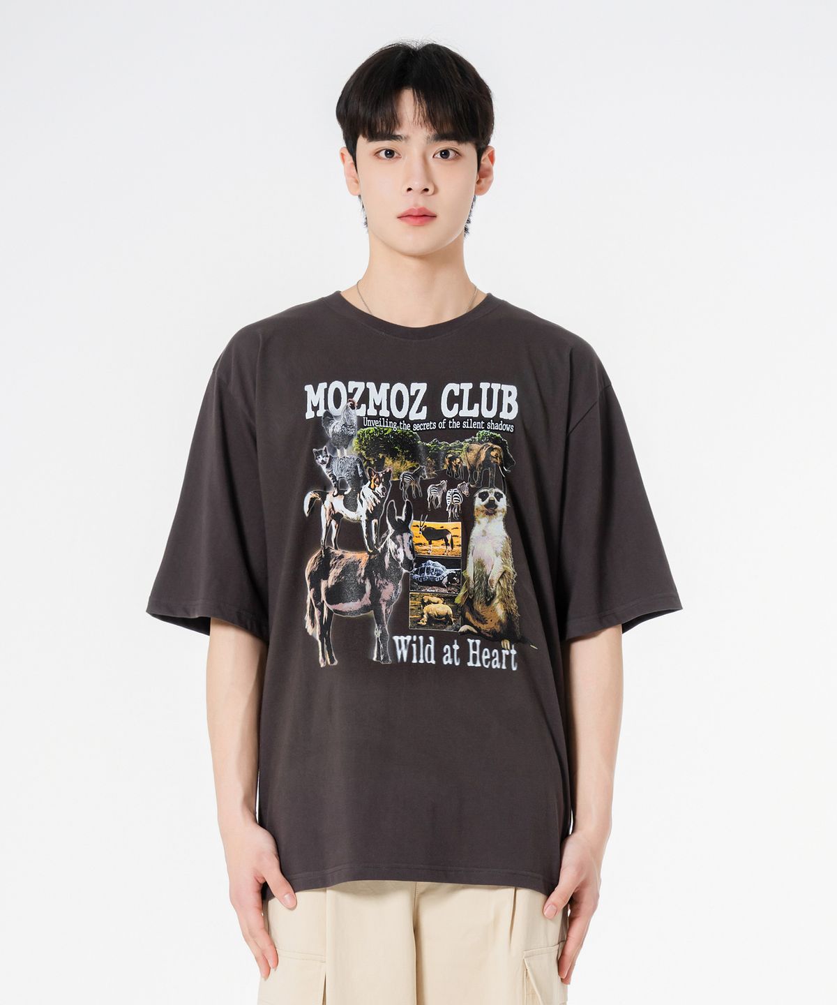 모즈모즈(MOZMOZ) 애니멀즈 오버핏 반팔 티셔츠 챠콜