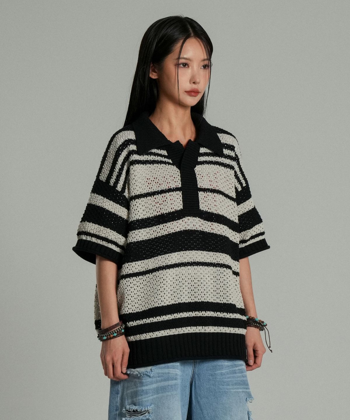 아이돈워너셀(IDWS) Sahara Collar Half-Knit Black/Ivory