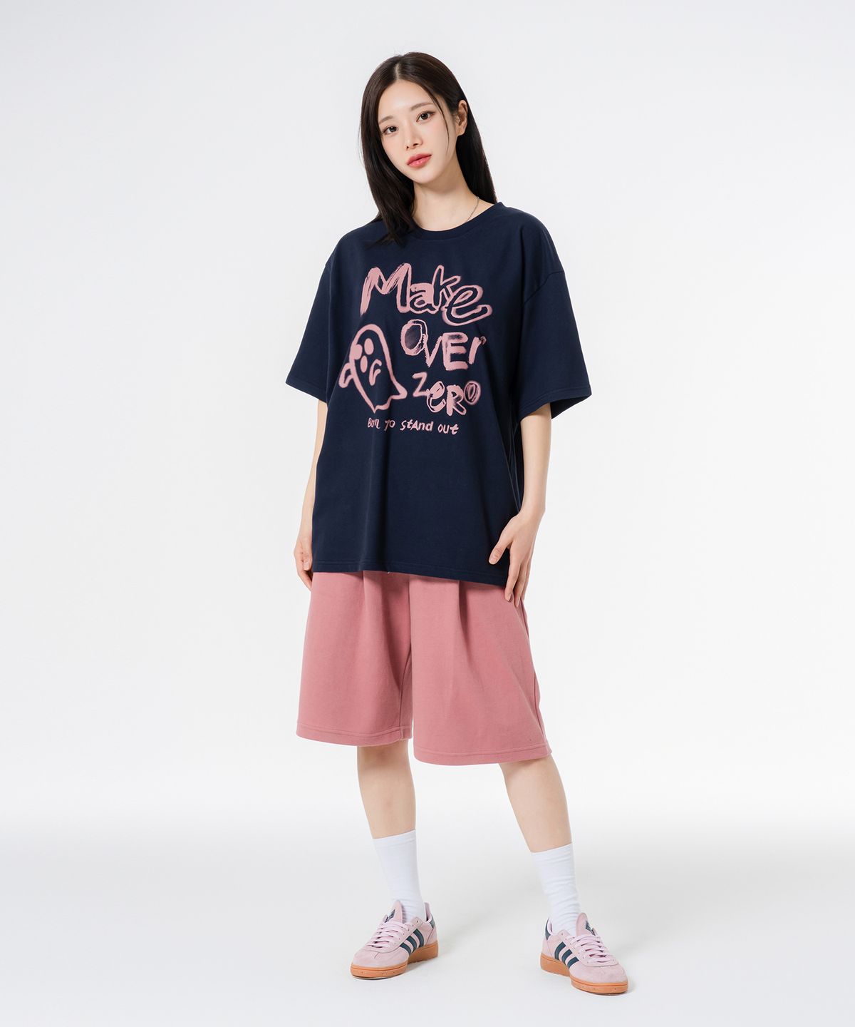 모즈모즈(MOZMOZ) [SET] 고스트드로잉 반팔+더블코튼 와이드 원턱 반바지 셋업 네이비