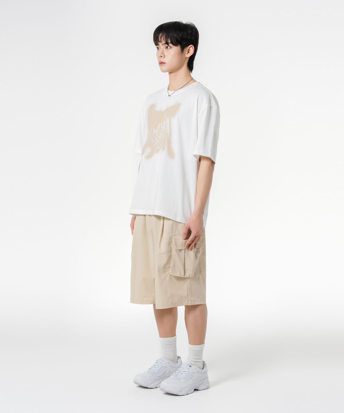 모즈모즈(MOZMOZ) [SET] MOCU 반팔+린넨 와이드 카고 반바지 셋업 화이트
