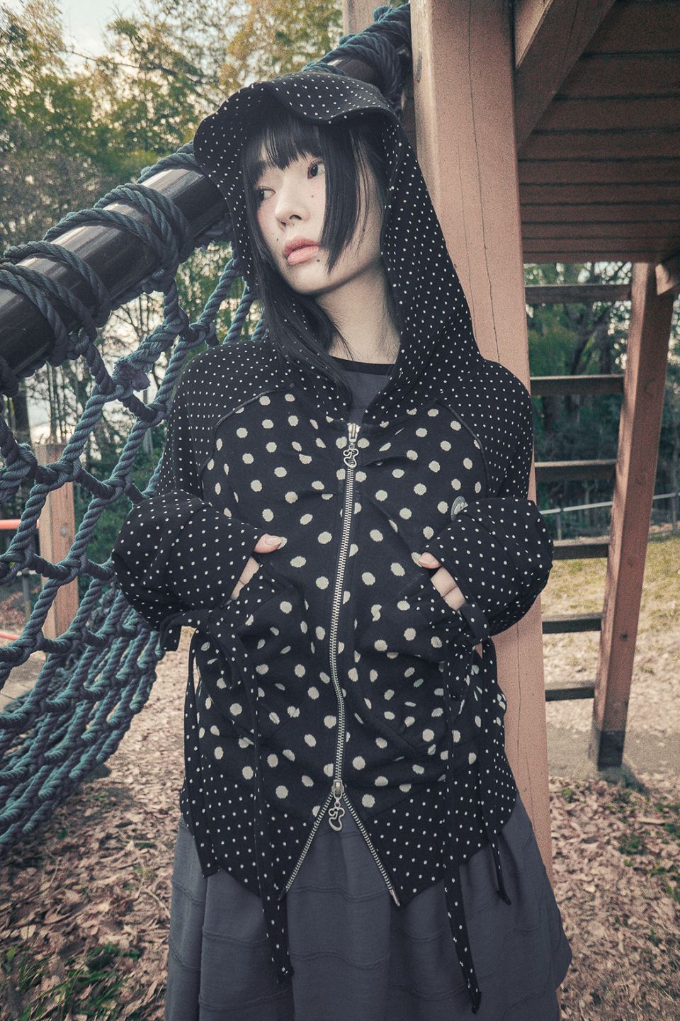 MUSINSA | HUG YOUR SKIN Dot Big Pocket Hoodie Zip-Up (Black)