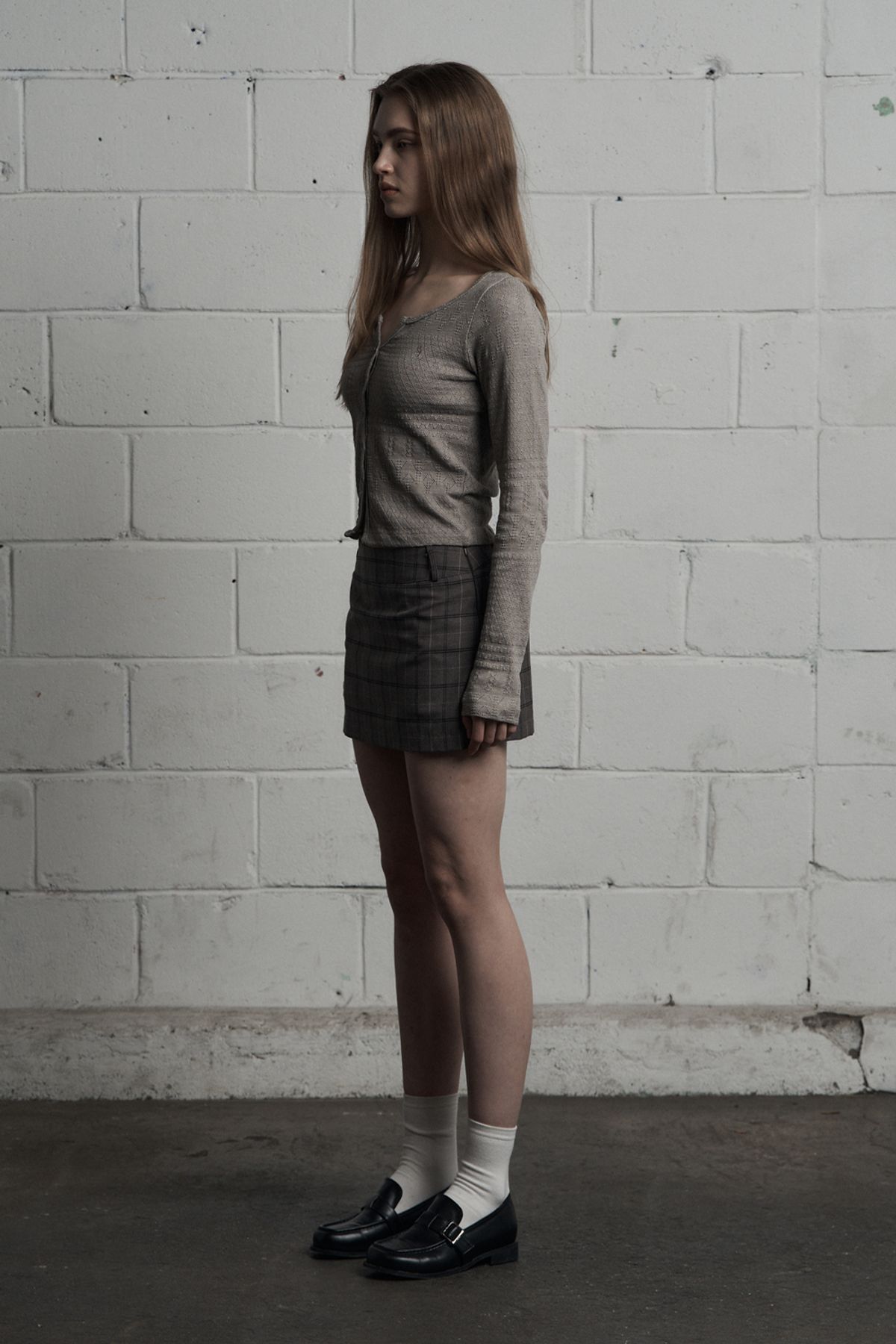 시너진(SYNERJYN) CLASSIC CHECK MINI SKIRT DARK BEIGE
