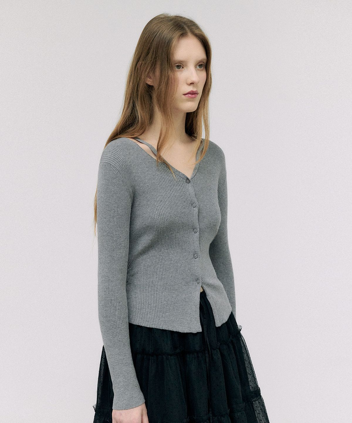 로라로라(ROLAROLA) CUT OUT SLIM FIT KNIT CARDIGAN GRAY