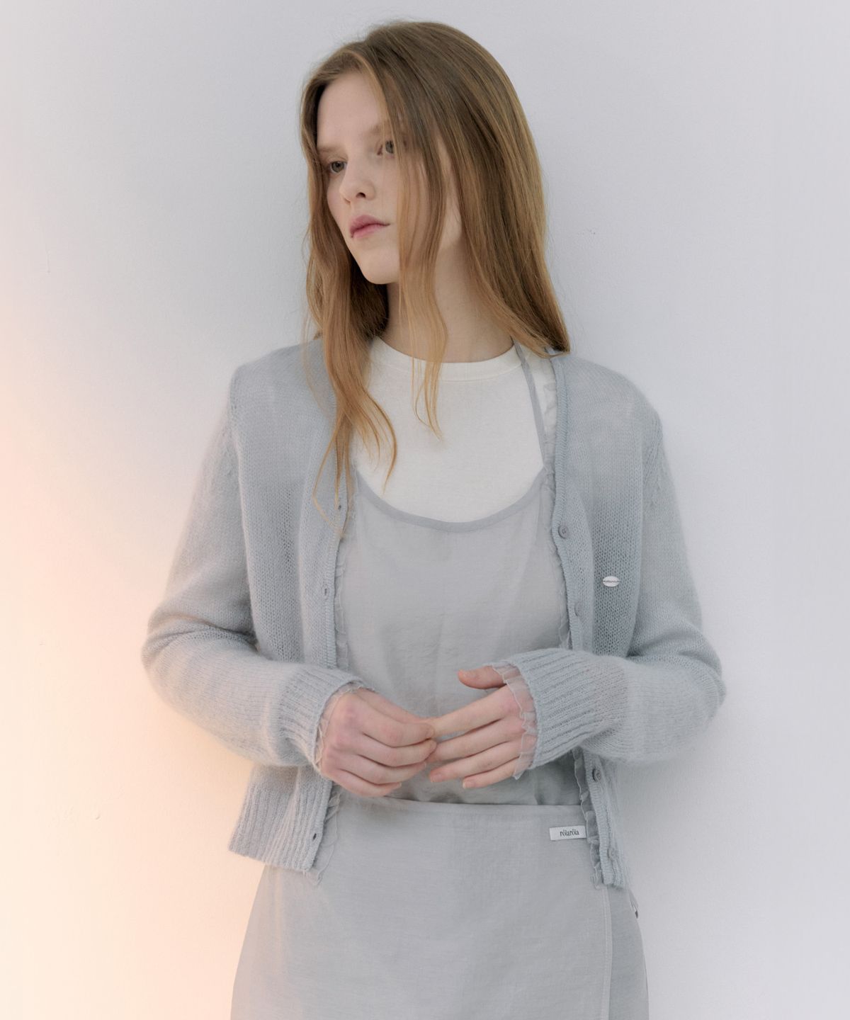 로라로라(ROLAROLA) MOHAIR BLENDED ORGANZA FRILL CARDIGAN LIGHT BLUE