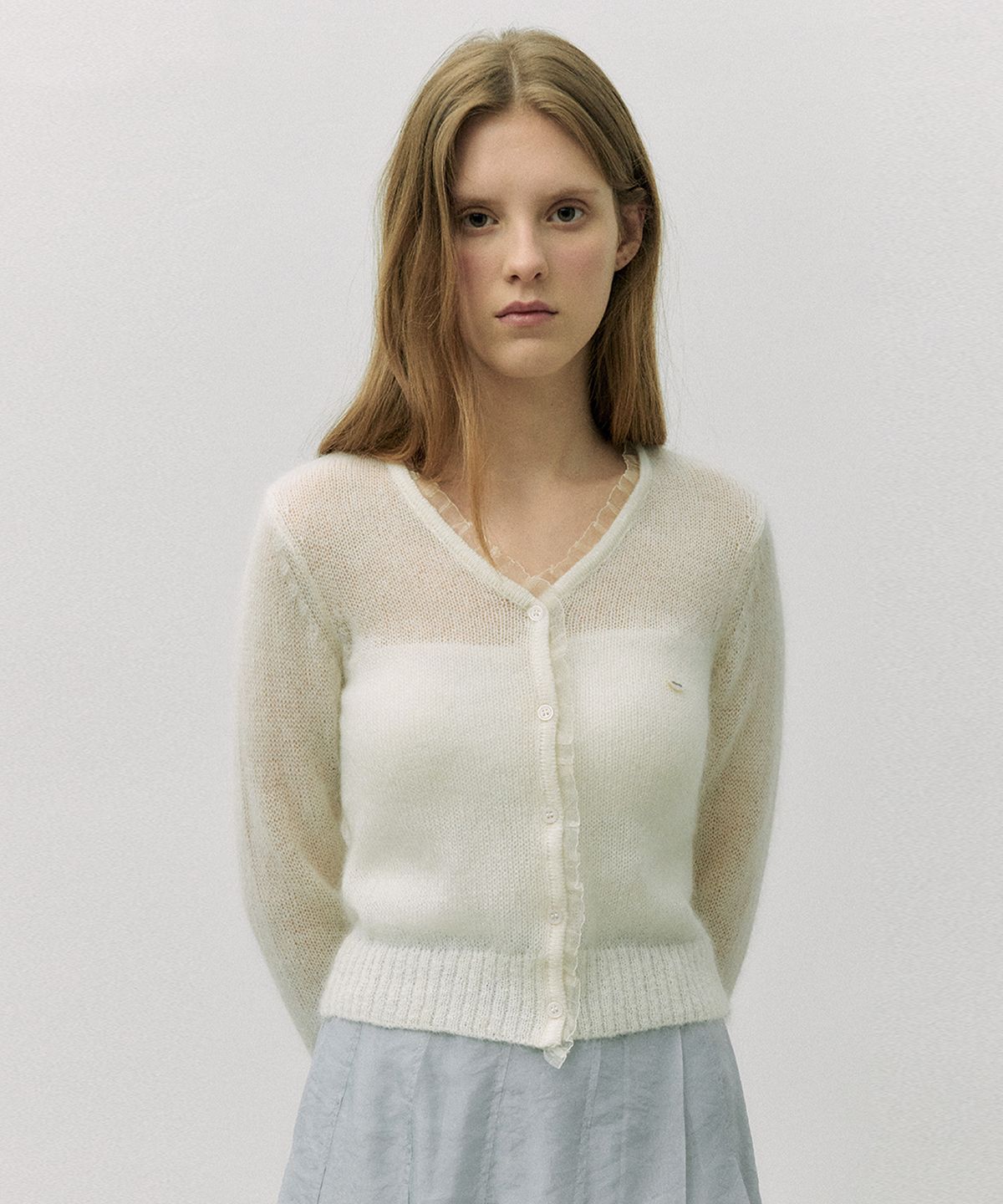 로라로라(ROLAROLA) MOHAIR BLENDED ORGANZA FRILL CARDIGAN CREAM
