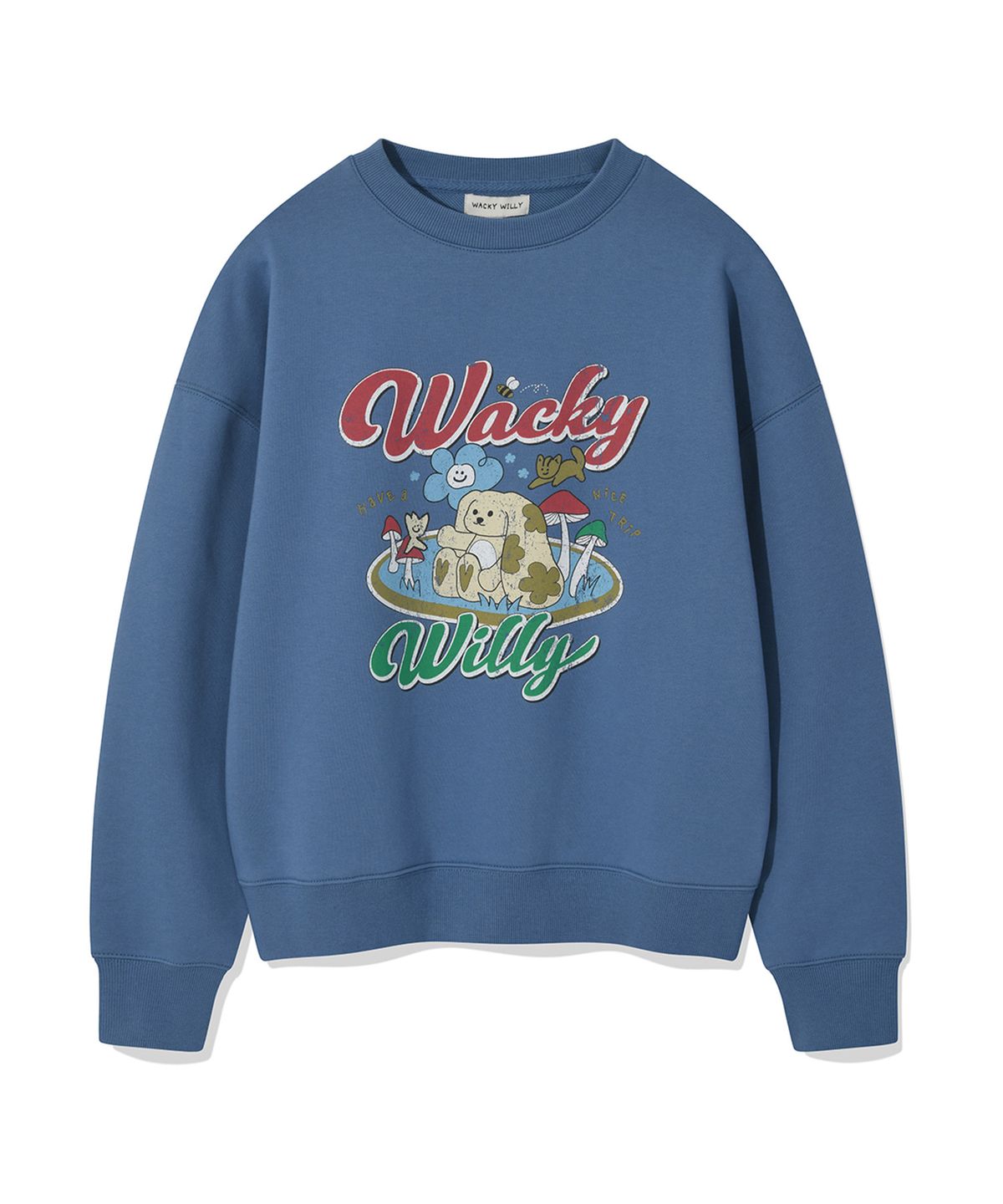 와키윌리(WACKY WILLY) 우먼스 세미오버핏 캐릭터그래픽 맨투맨 블루