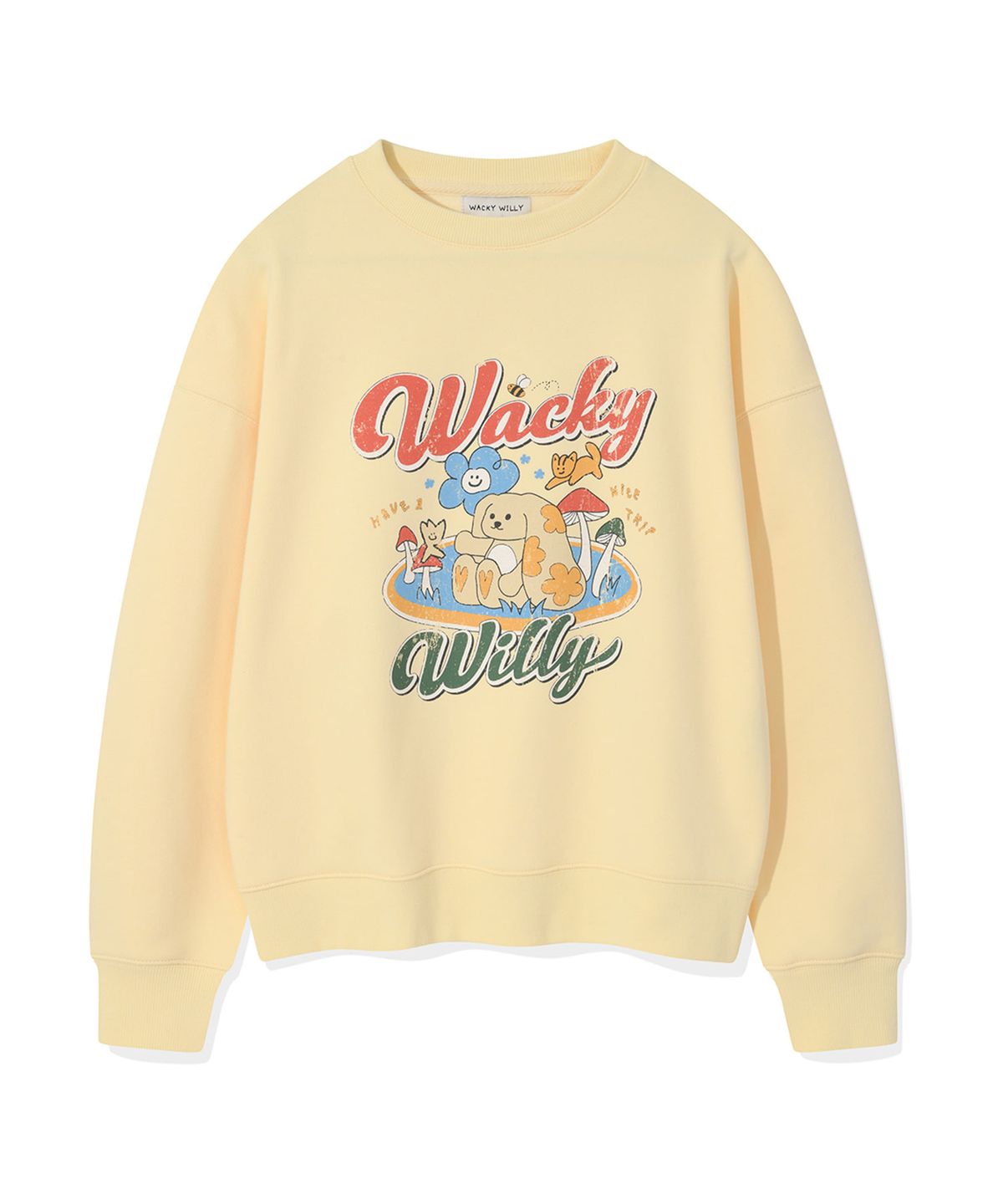 와키윌리(WACKY WILLY) 우먼스 세미오버핏 캐릭터그래픽 맨투맨 옐로우