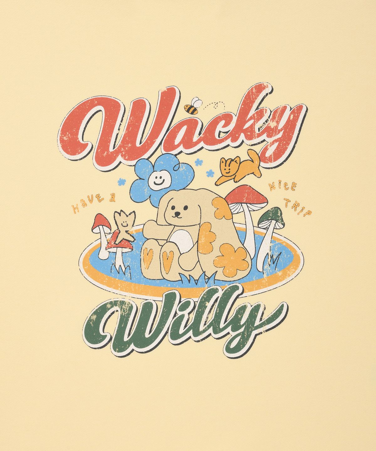와키윌리(WACKY WILLY) 우먼스 세미오버핏 캐릭터그래픽 맨투맨 옐로우