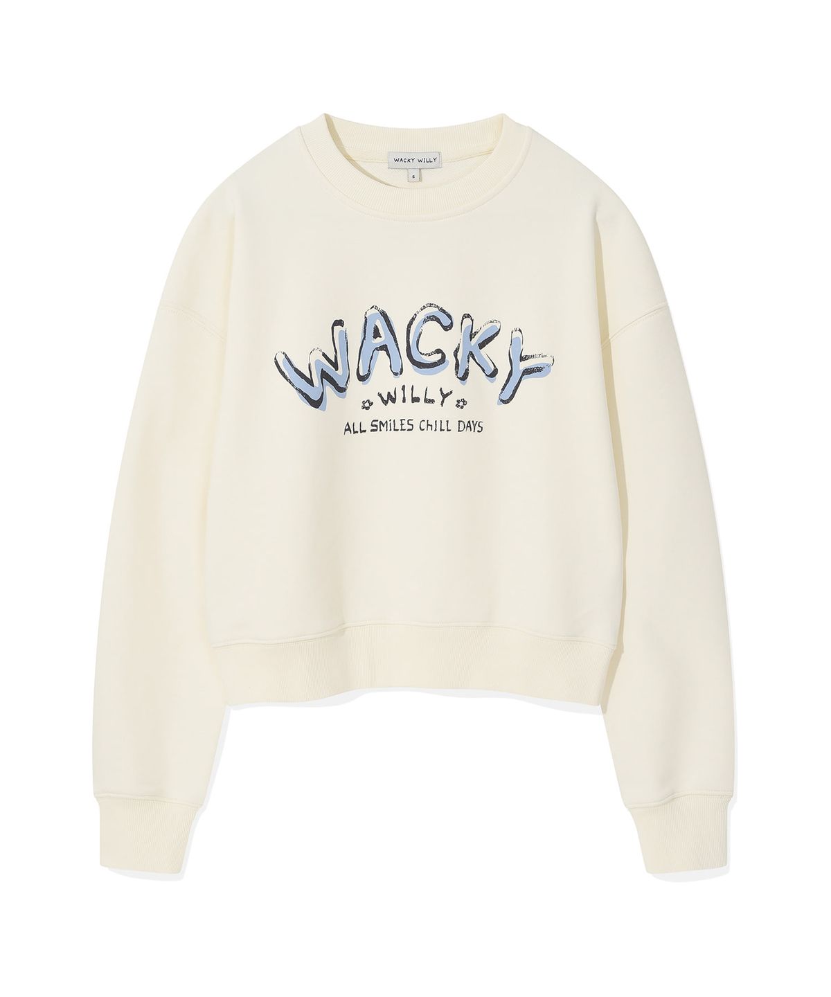 와키윌리(WACKY WILLY) 우먼스 타이포 그래픽 크롭 맨투맨 크림