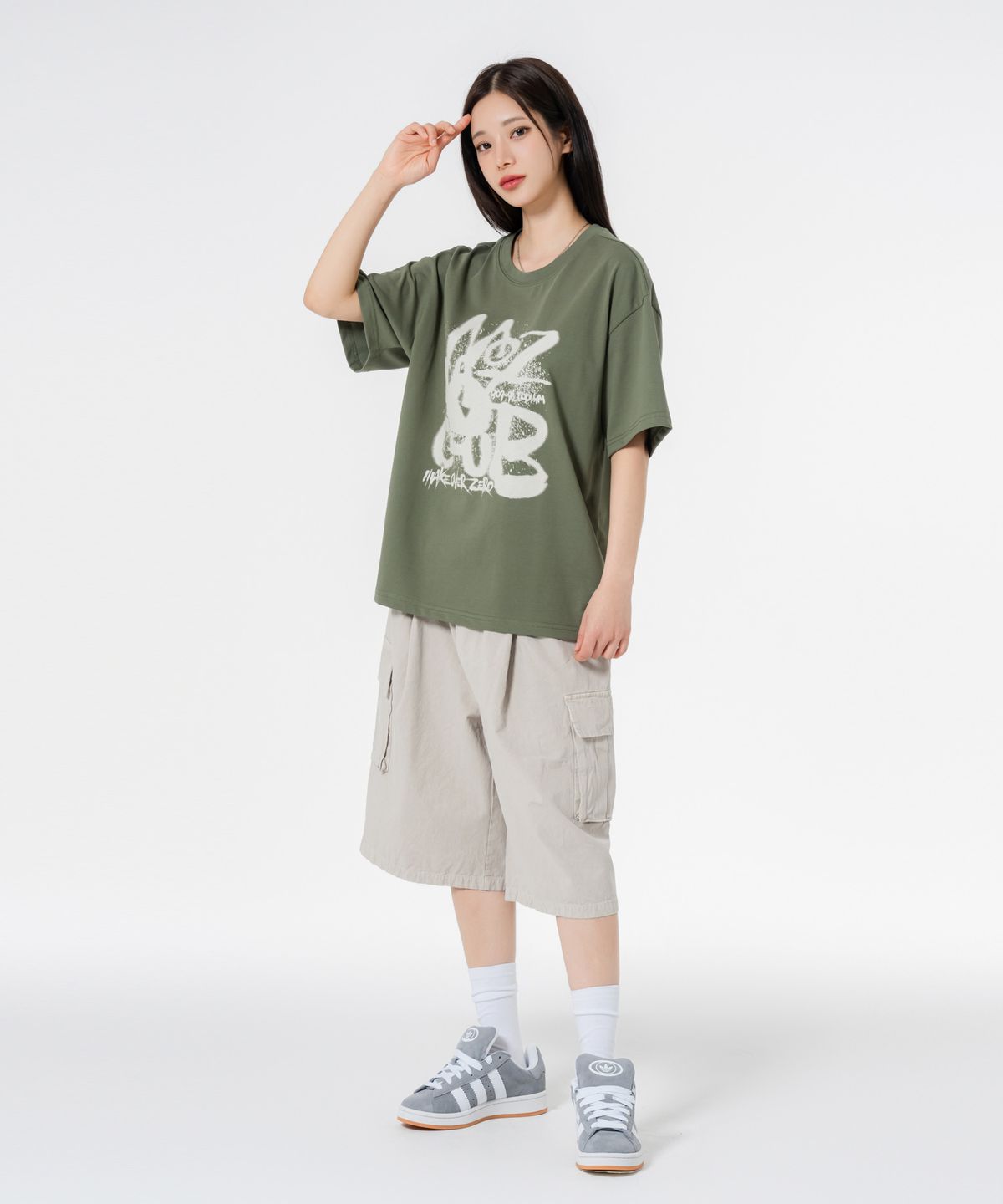 모즈모즈(MOZMOZ) [SET] 브러시로고 반팔+스톤워싱 와이드 카고 반바지 셋업 카키