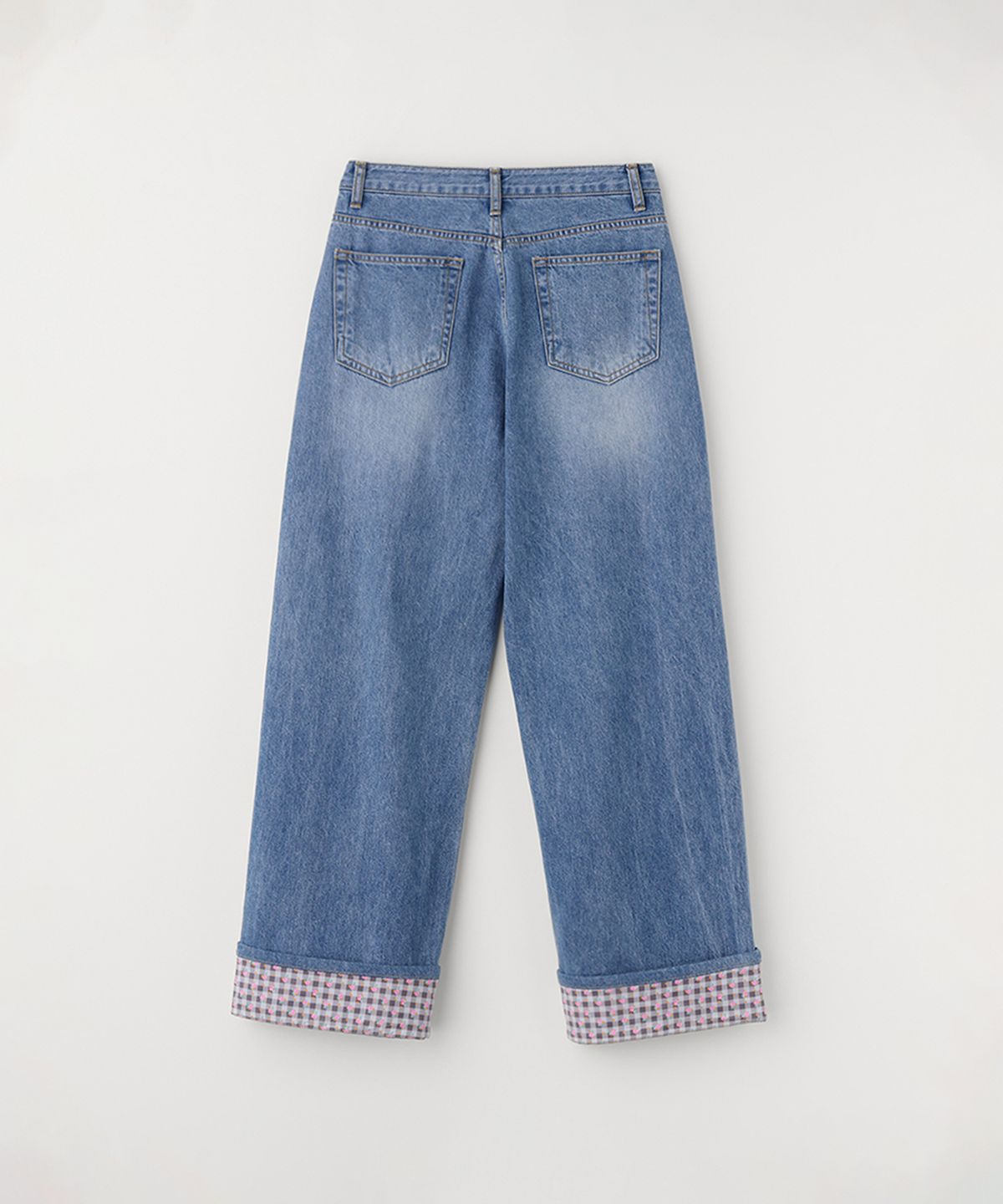 셀리테일즈(CELITAILS) CHECK FLOWER ROLL-UP DENIM PANTS_BLUE