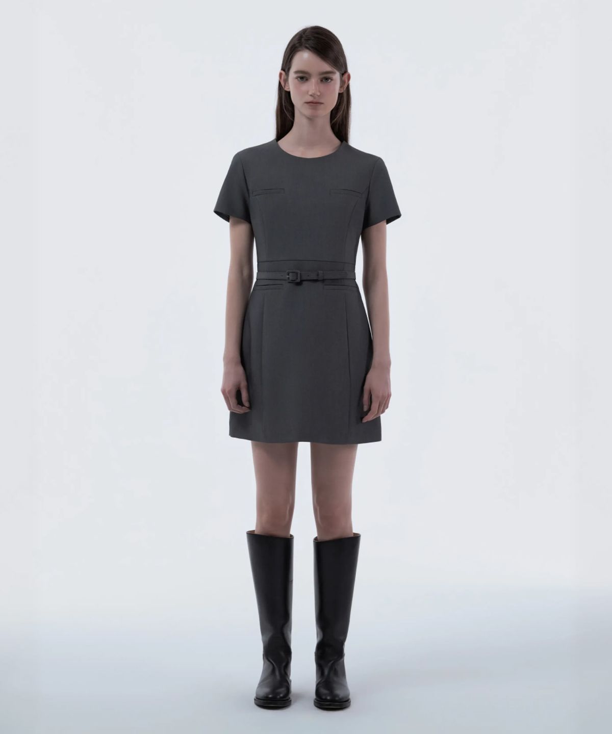 마우솔레움(MAU SOLEUM) Belted Round Neck Suit Dress - Grey