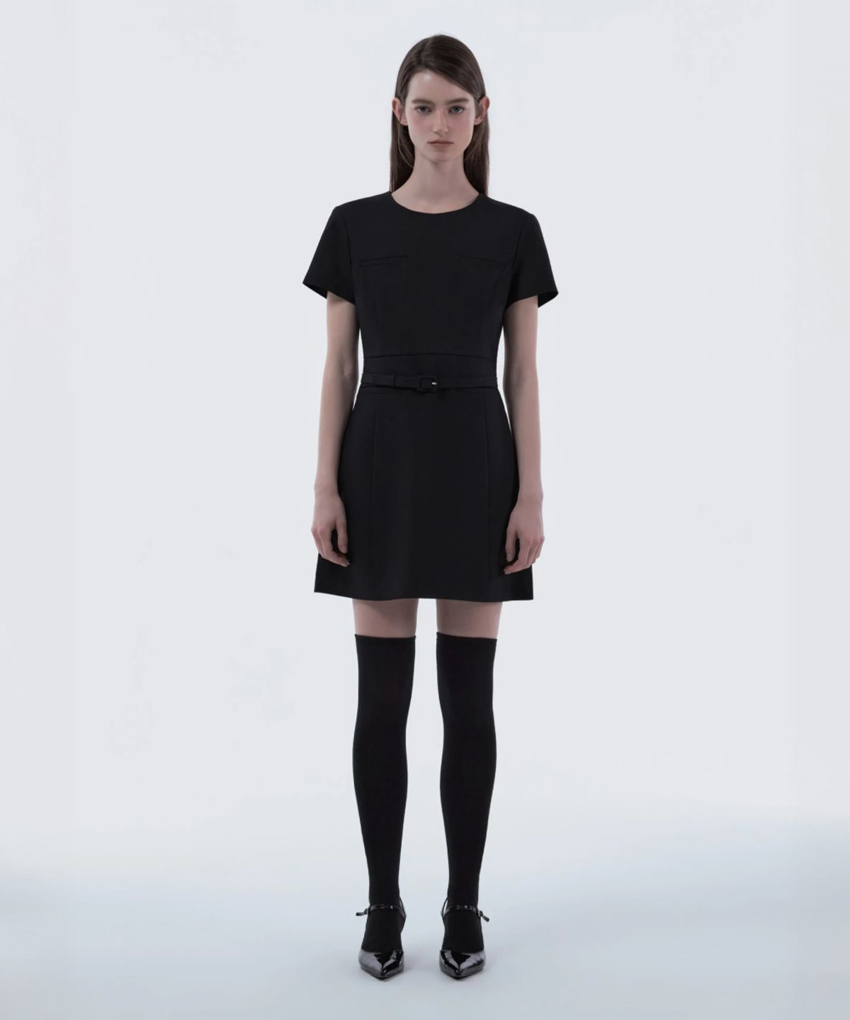 마우솔레움(MAU SOLEUM) Belted Round Neck Suit Dress - Black