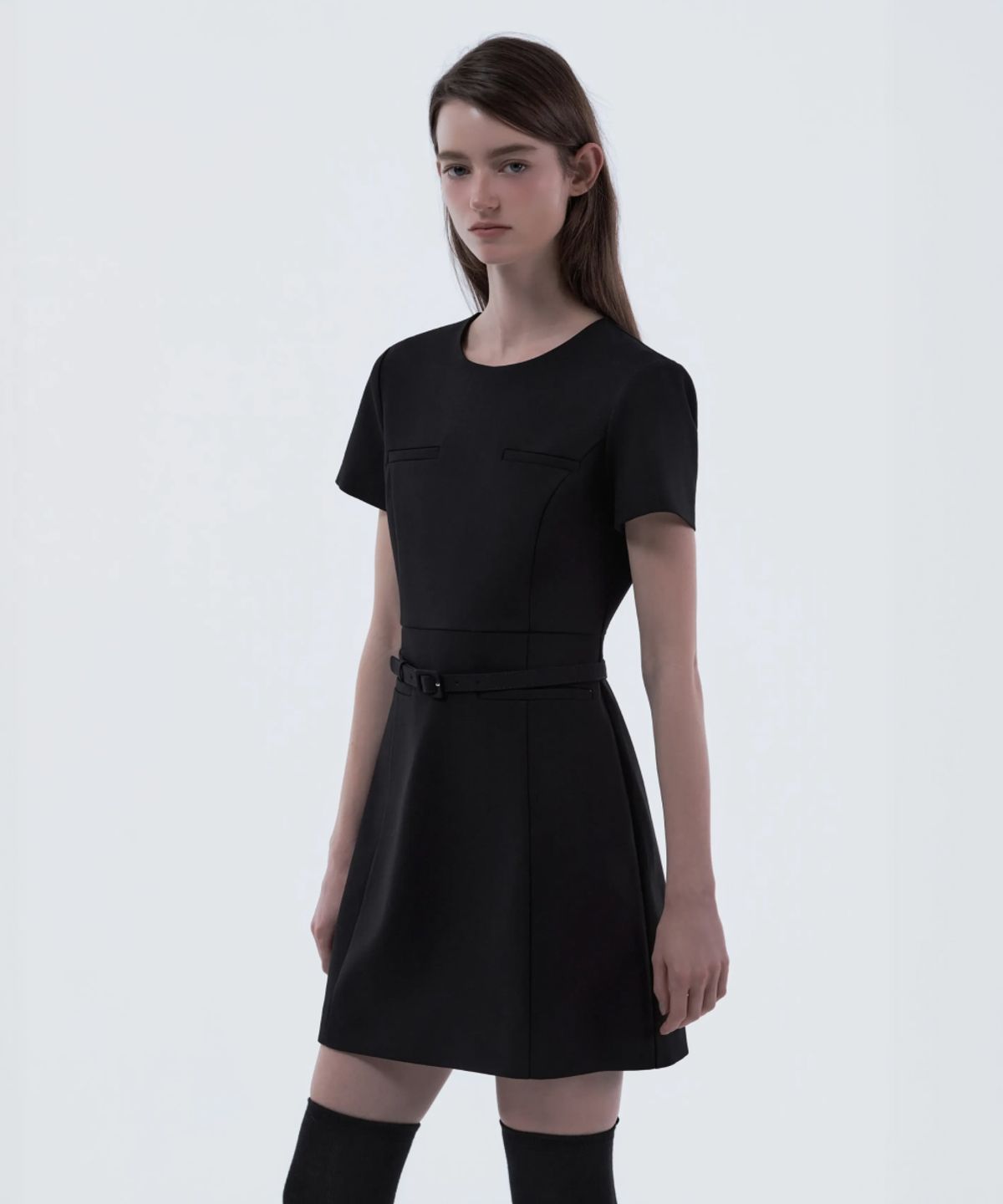 마우솔레움(MAU SOLEUM) Belted Round Neck Suit Dress - Black
