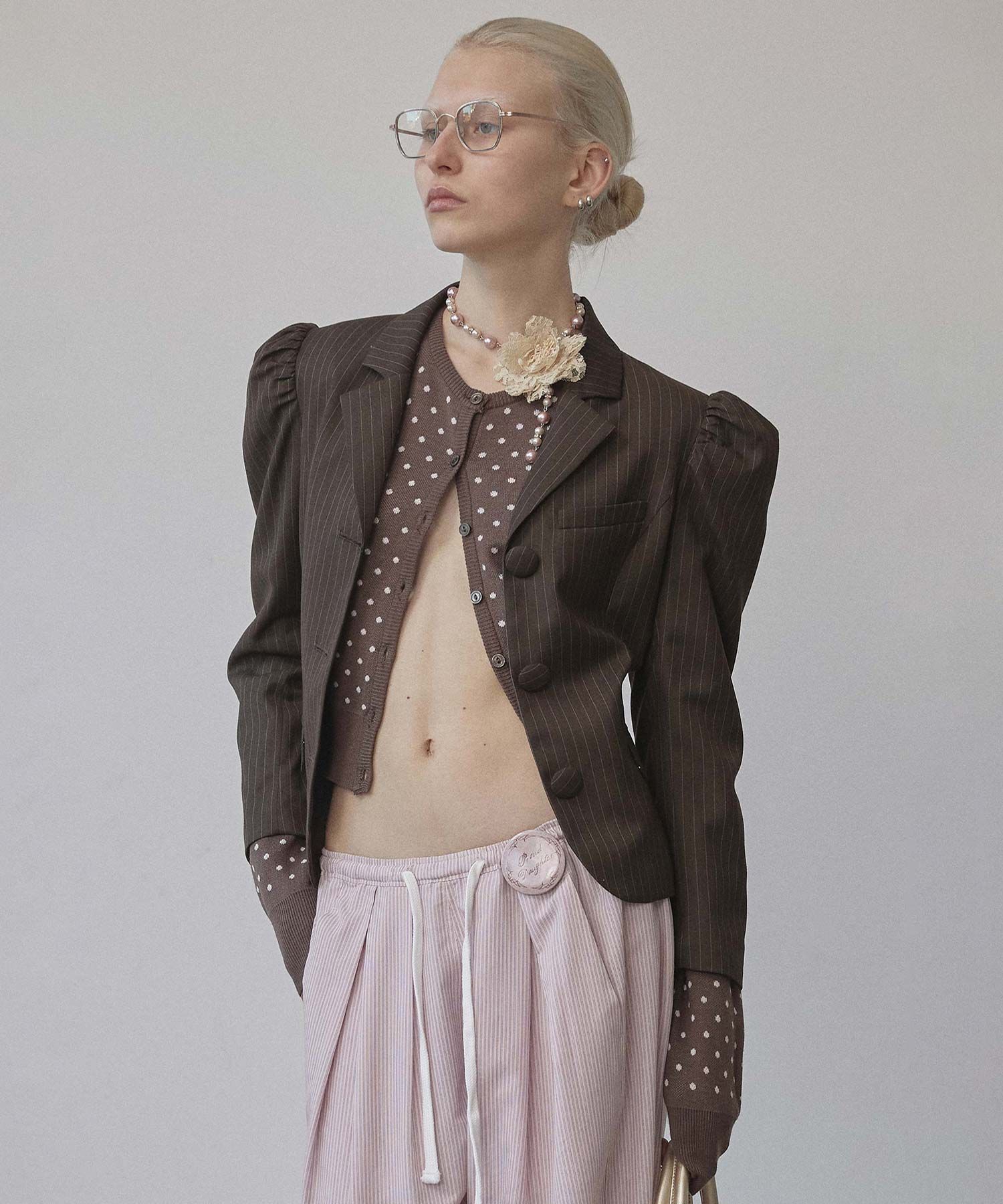MUSINSA | SCULPTOR Polka Dot Cardigan Brown/Baby Pink