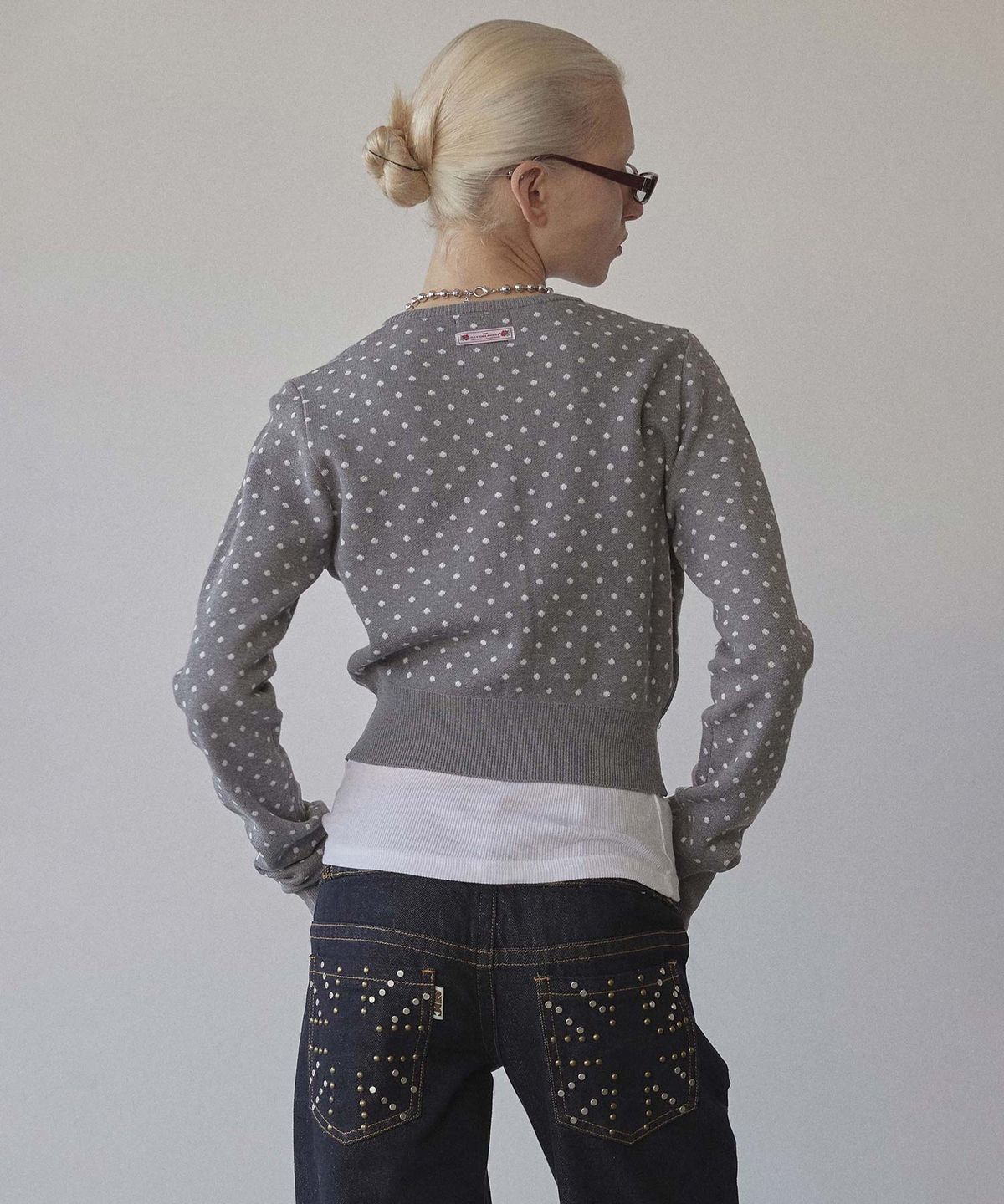 스컬프터(SCULPTOR) Polka Dot Cardigan Melange Gray/White