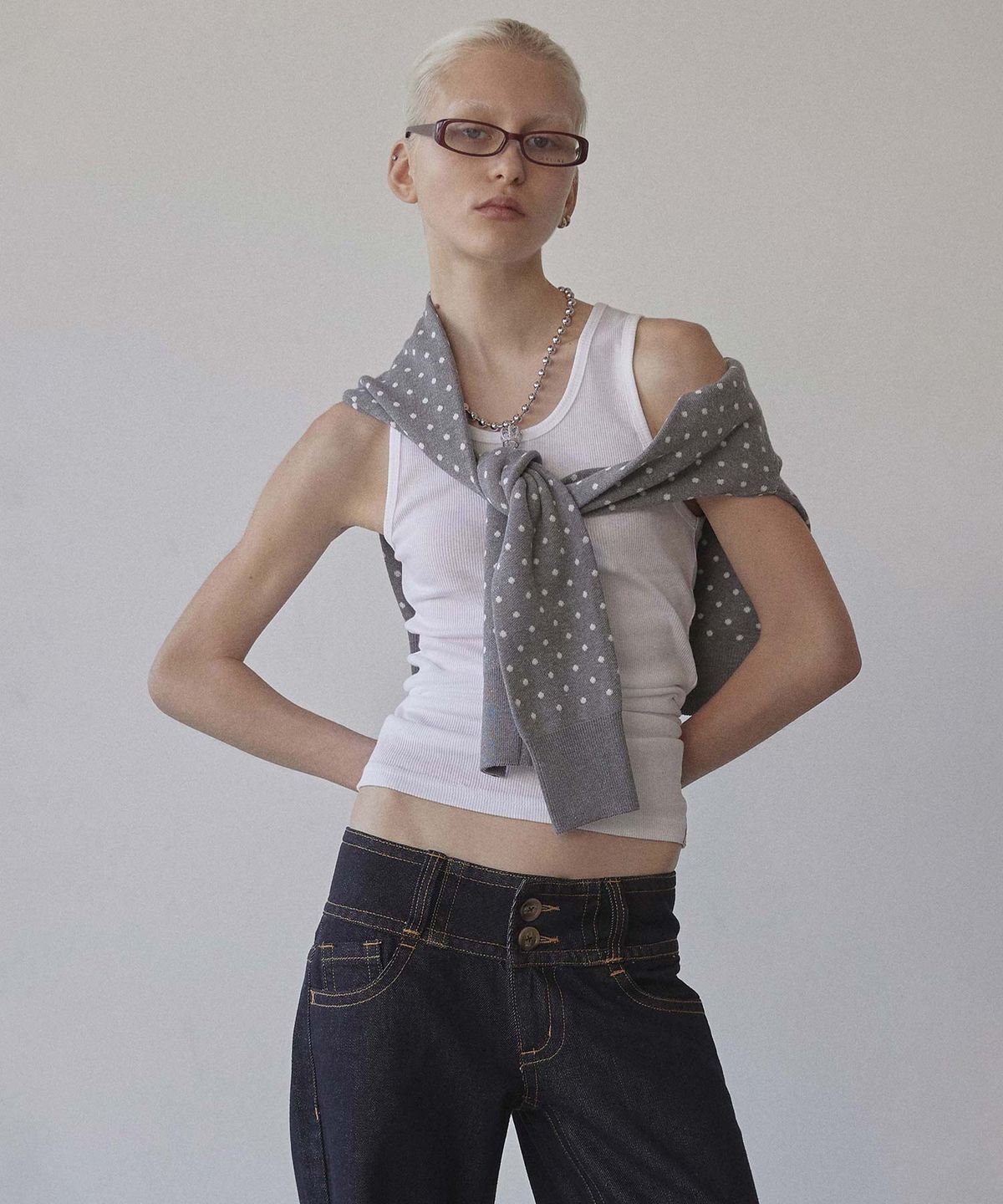 스컬프터(SCULPTOR) Polka Dot Cardigan Melange Gray/White