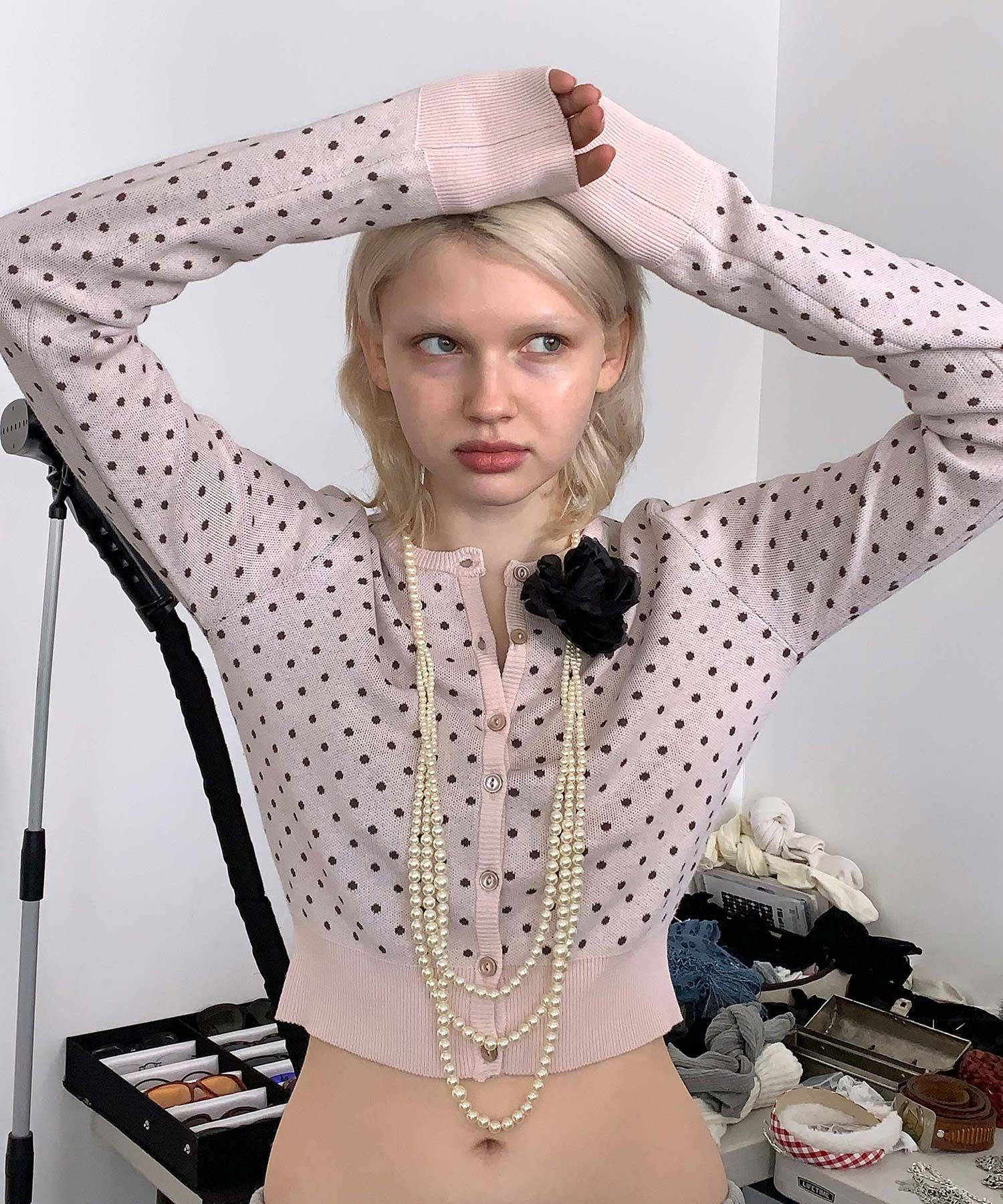 MUSINSA | SCULPTOR Polka Dot Cardigan Baby Pink/Brown