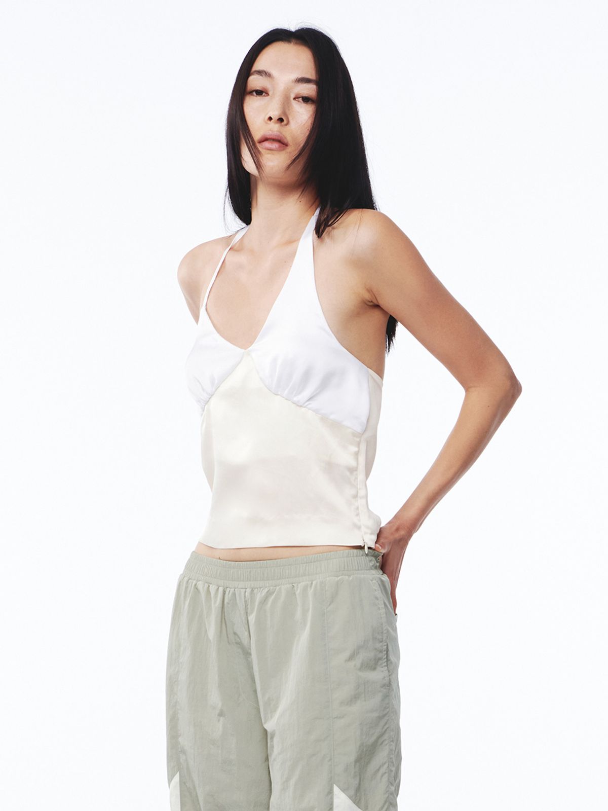 기준(KIJUN) Satin Shirring Halter Top Butter Off-White