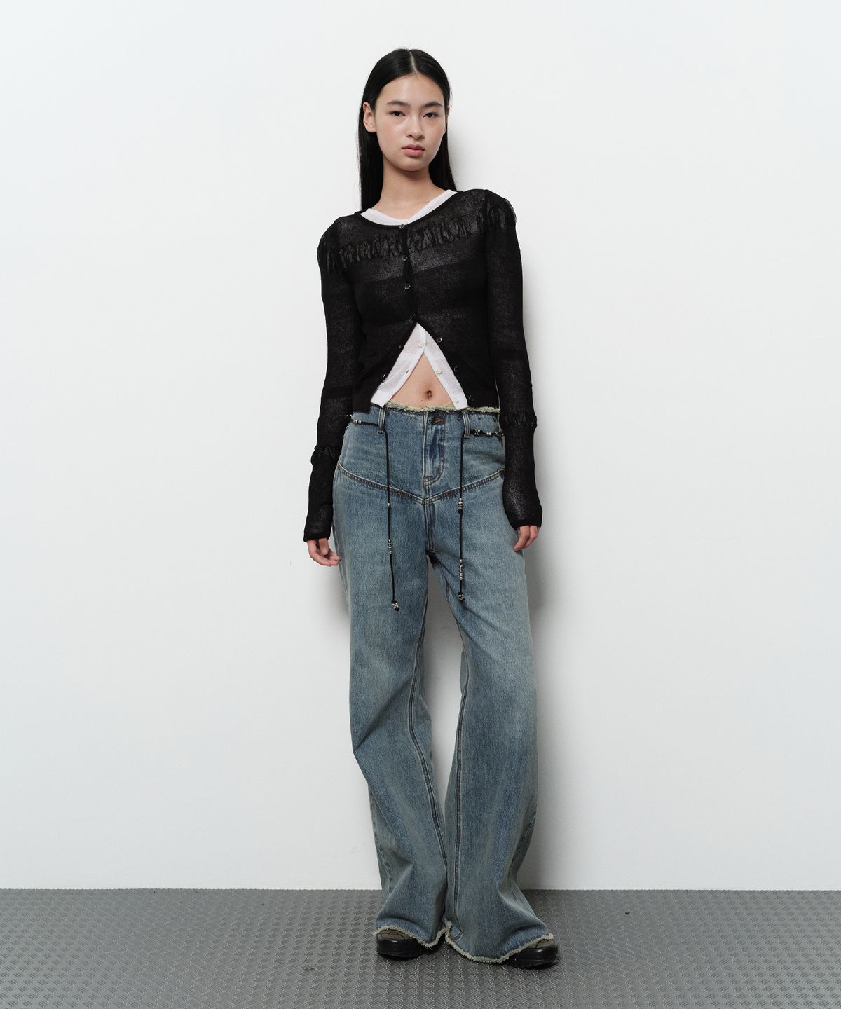 다이애그널(DIAGONAL) SEE THROUGH SHIRRING CARDIGAN (black)