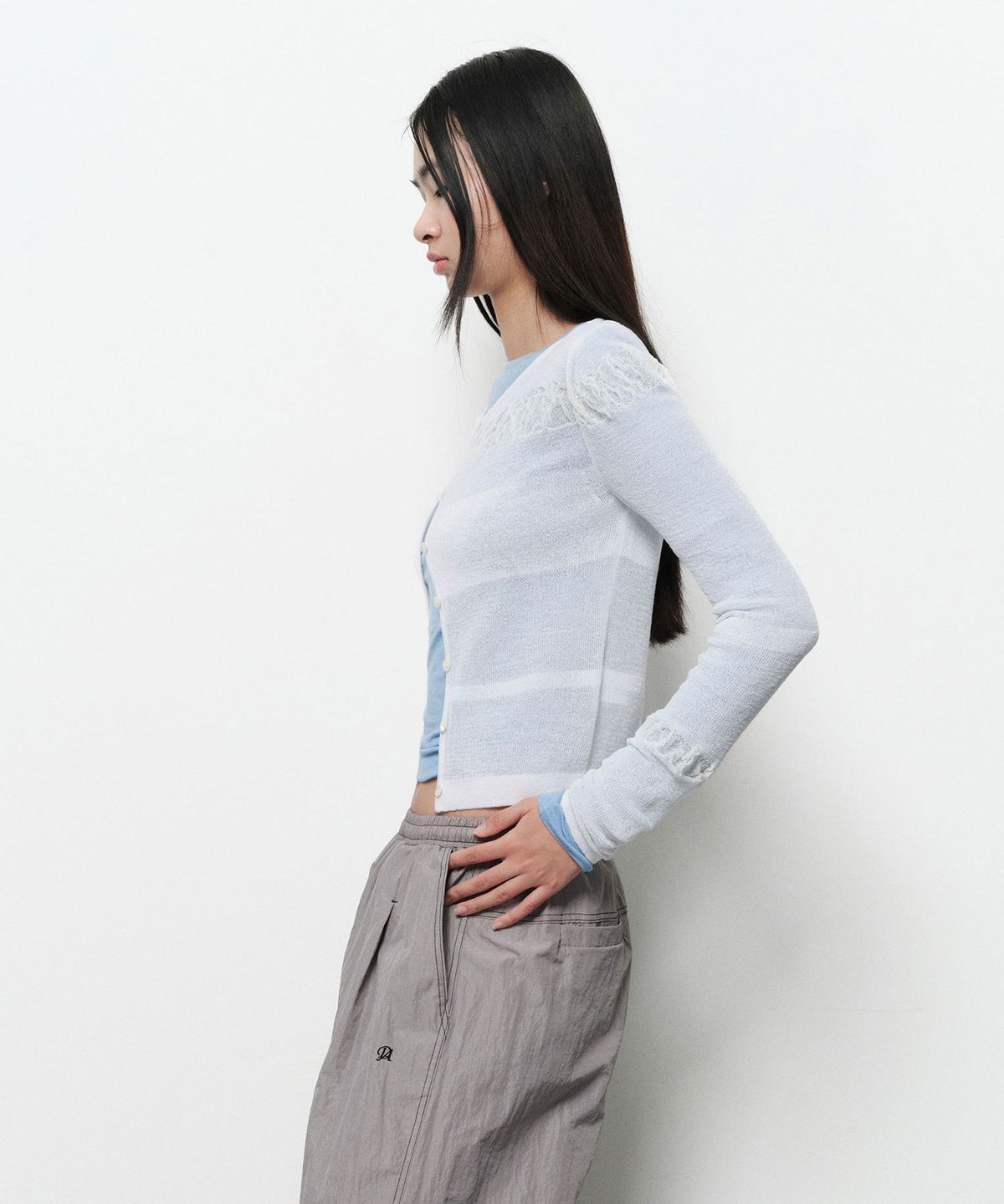 다이애그널(DIAGONAL) SEE THROUGH SHIRRING CARDIGAN (ivory)
