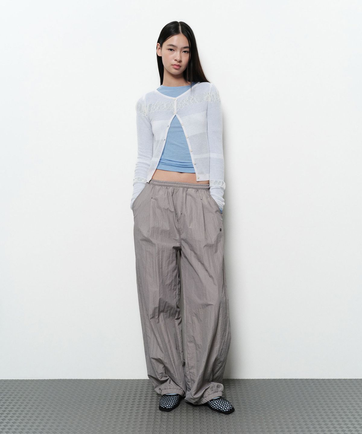 다이애그널(DIAGONAL) SEE THROUGH SHIRRING CARDIGAN (ivory)