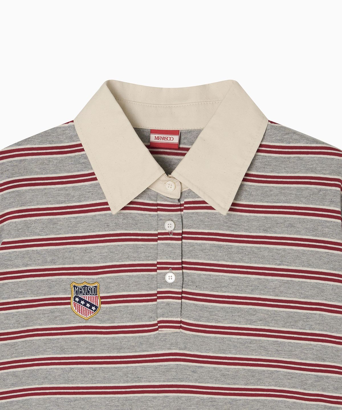 미나수(MENASOO) Multi Stripe Collar T Shirt_Red Gray
