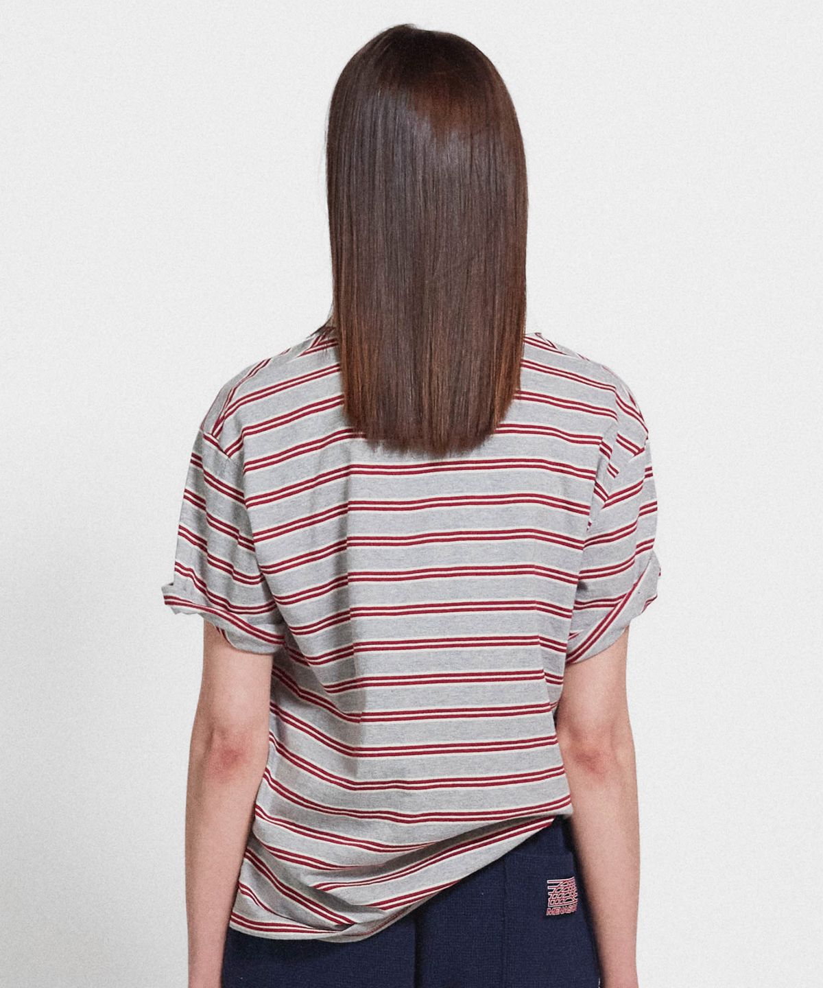 미나수(MENASOO) Multi Stripe Collar T Shirt_Red Gray