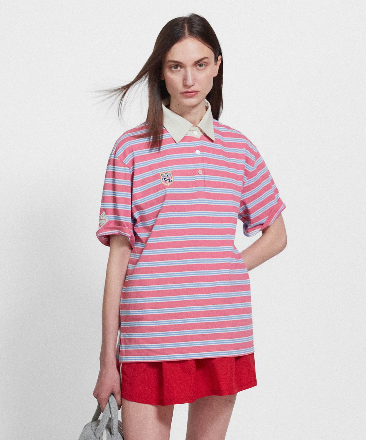 미나수(MENASOO) Multi Stripe Collar T Shirt_Skyblue Pink