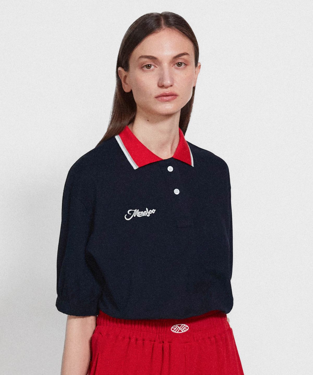 미나수(MENASOO) PK Crop Banding T Shirt_Navy