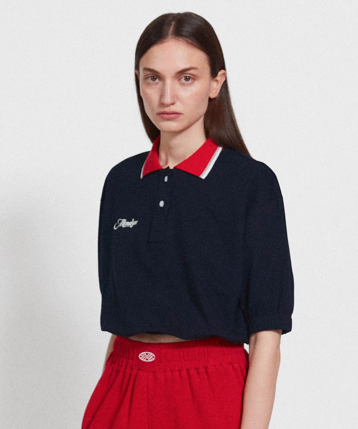 미나수(MENASOO) PK Crop Banding T Shirt_Navy