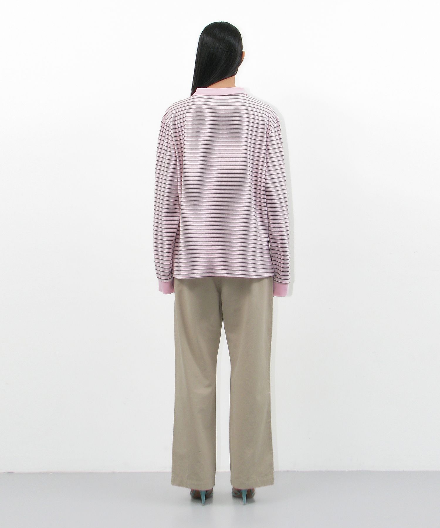 MUSINSA | PARTIMENTO WOMEN Striped Long Sleeve Polo Tee_Pink