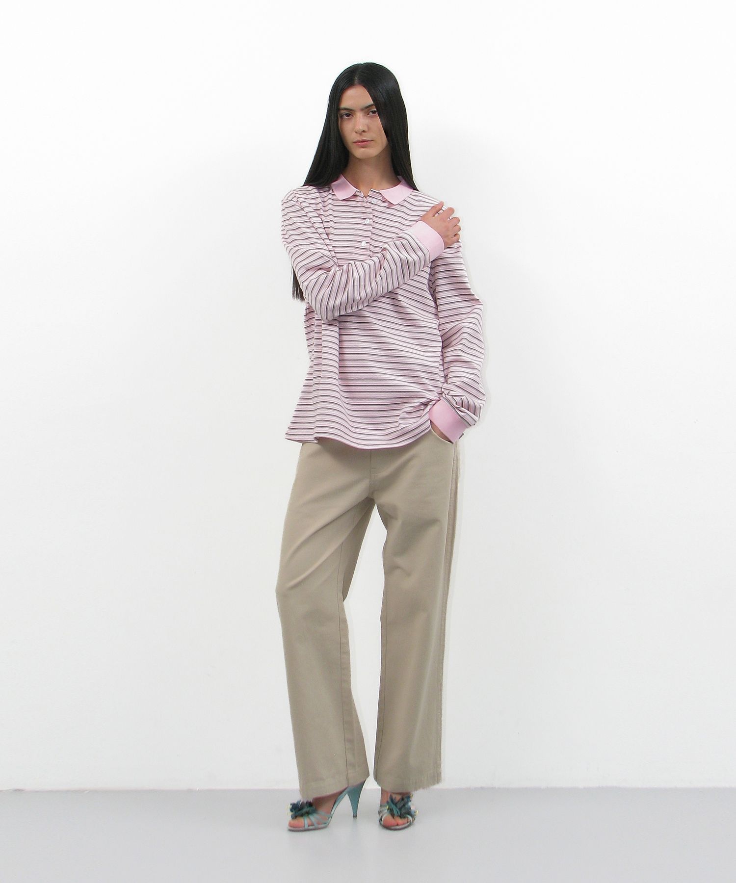 PARTIMENTO WOMAN ♥ STRIPE LONG SLEEVE POLO TEE MUSINSA | PARTIMENTO WOMEN Striped Long Sleeve Polo Tee_Pink