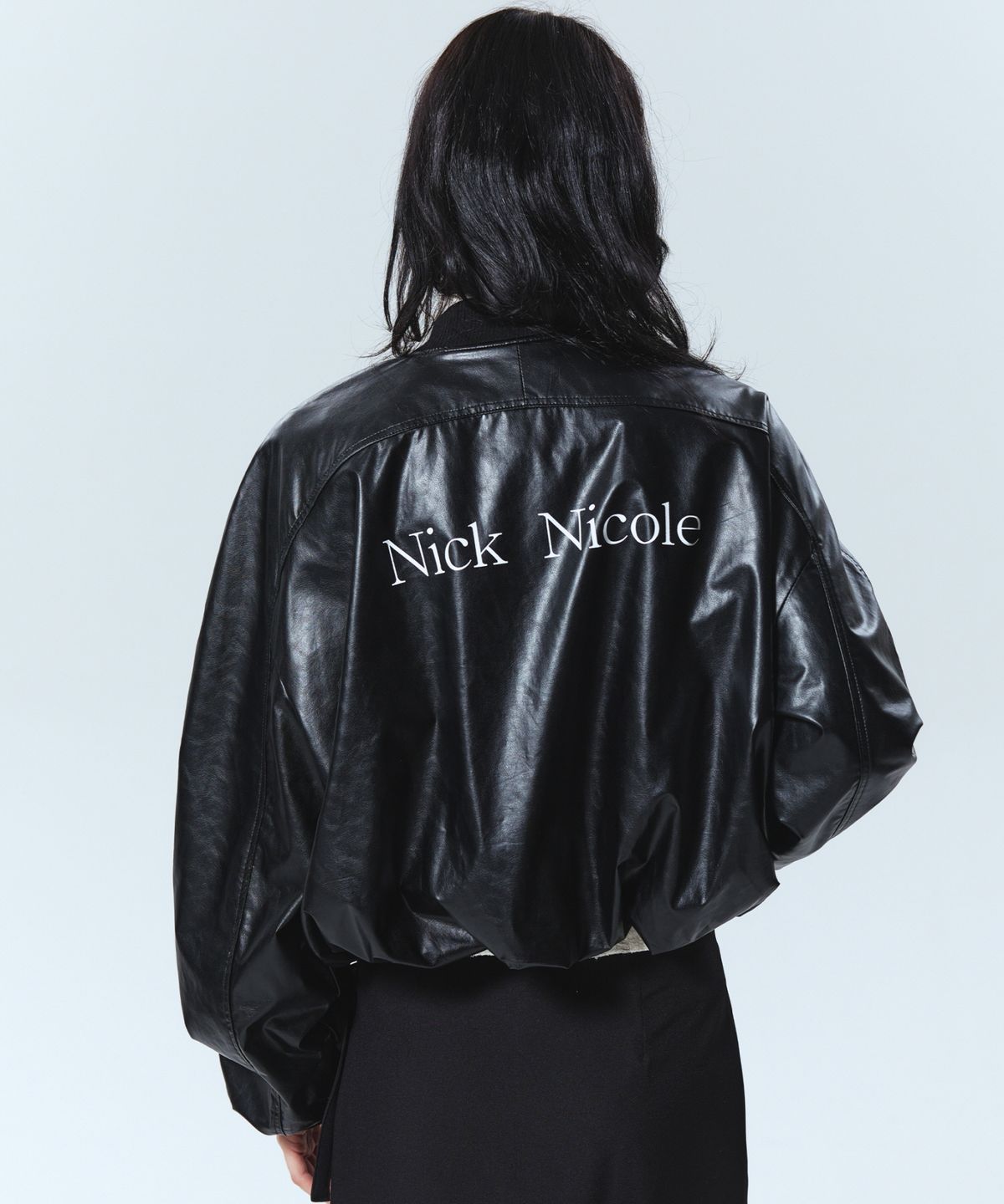 닉앤니콜(NICK&NICOLE) WRINKLE CROP VARSITY LEATHER JUMPER_BLACK