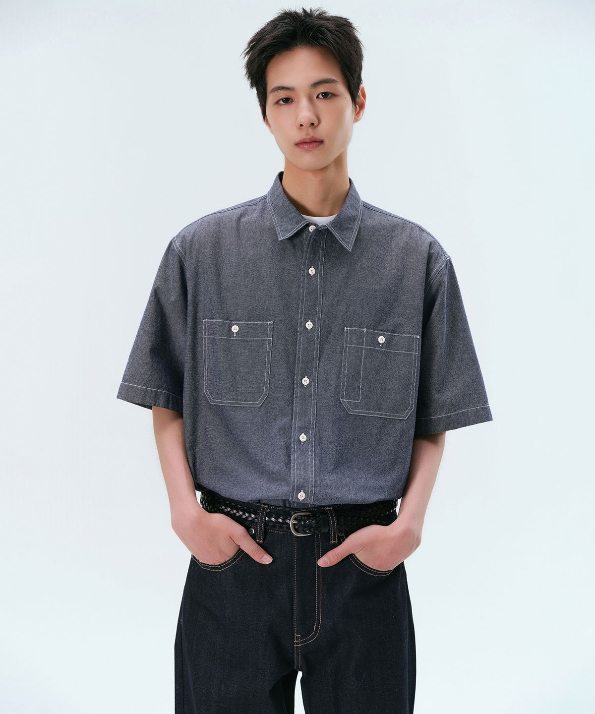 무신사 스탠다드(MUSINSA STANDARD) 샴브레이 반소매 워크 셔츠 [블루]