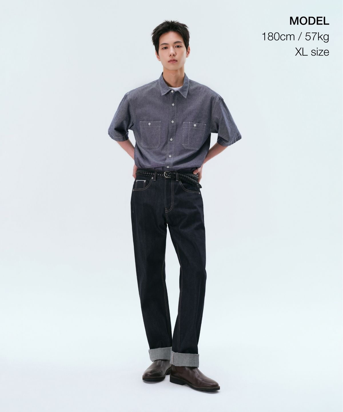 무신사 스탠다드(MUSINSA STANDARD) 샴브레이 반소매 워크 셔츠 [블루]