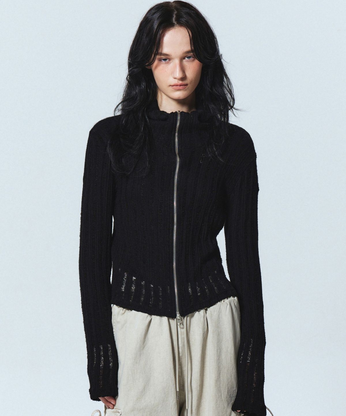 닉앤니콜(NICK&NICOLE) NICOLE DAMAGE KNIT ZIP UP_BLACK