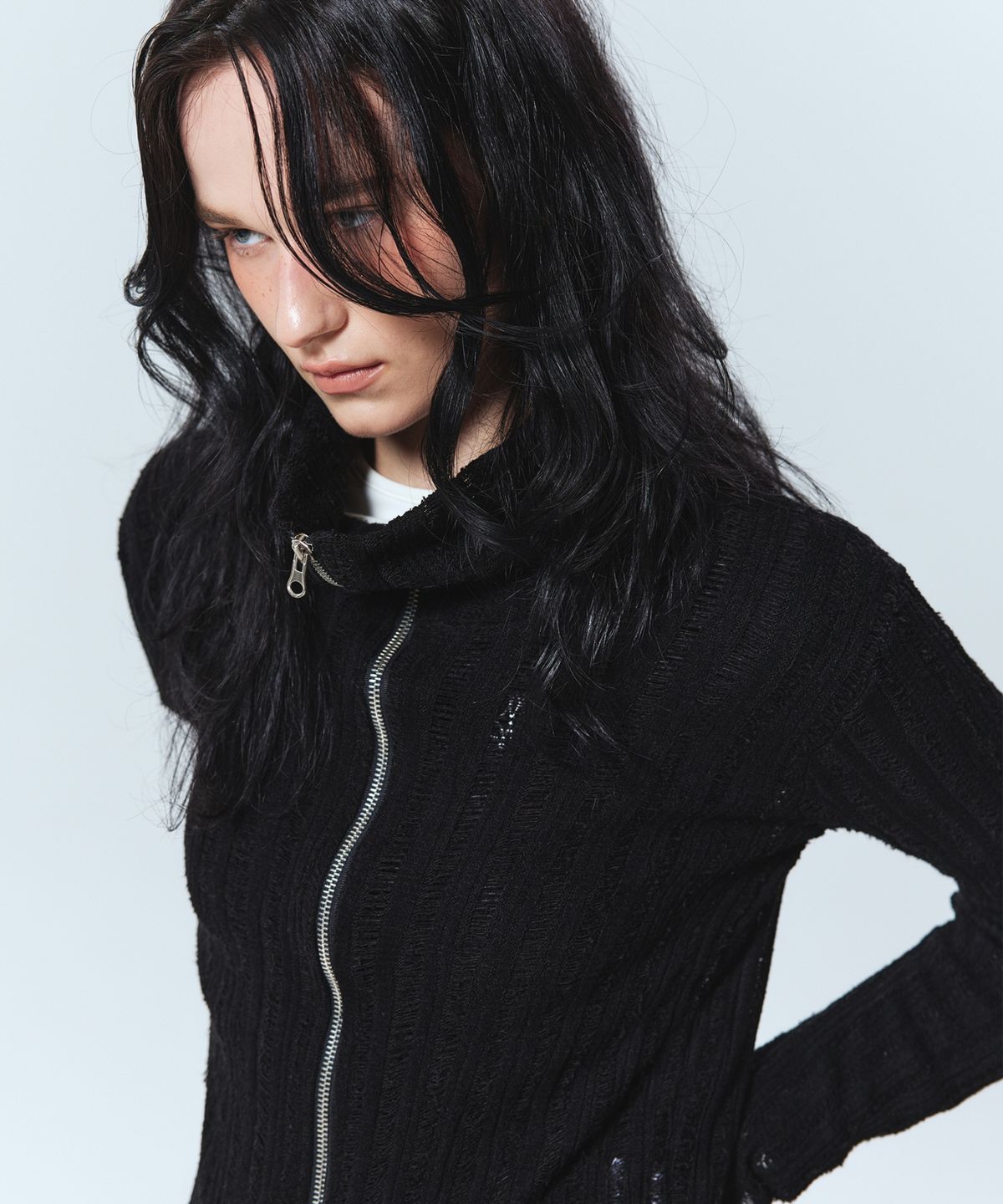 닉앤니콜(NICK&NICOLE) NICOLE DAMAGE KNIT ZIP UP_BLACK