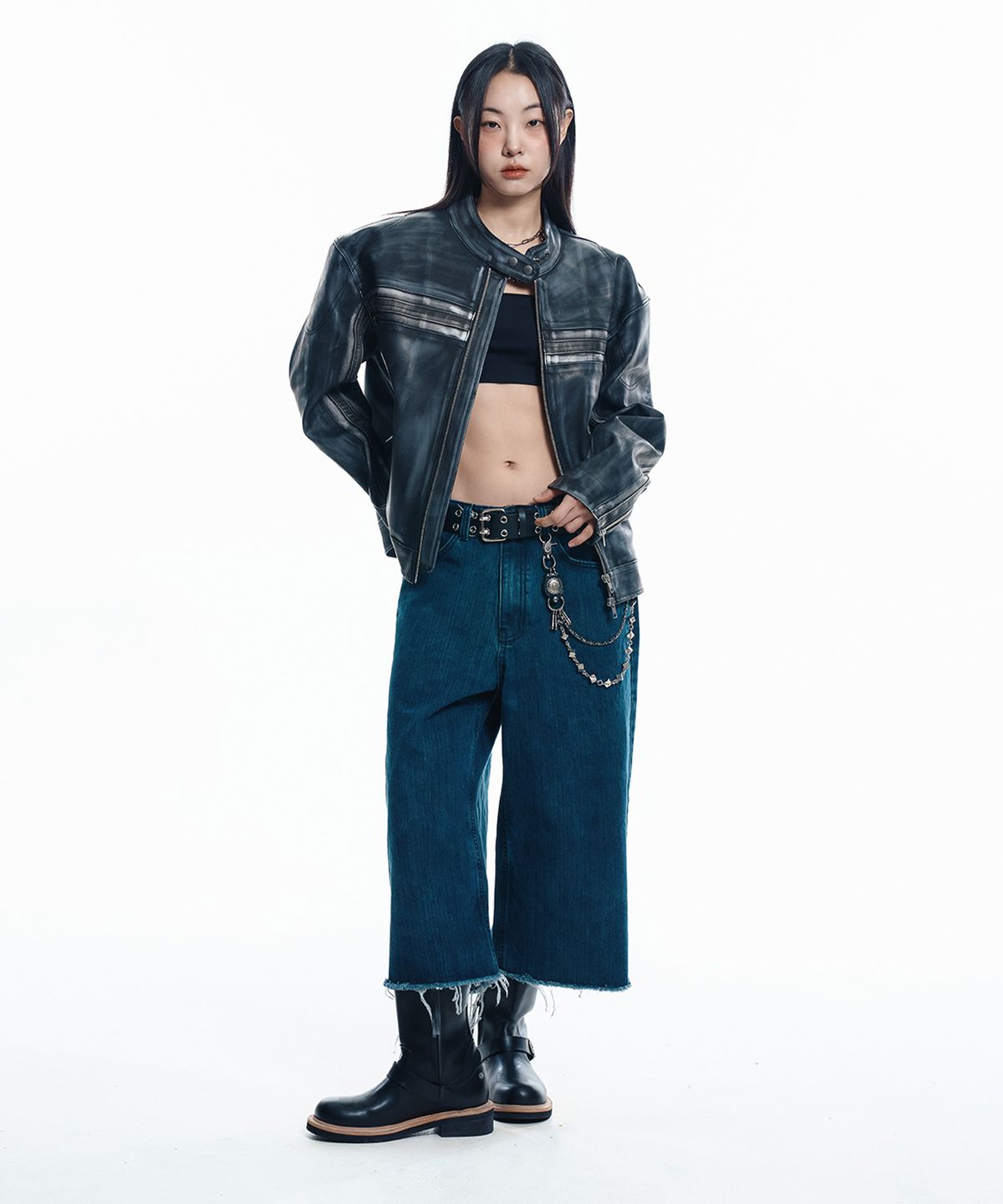 이지노이지(EASY NO EASY) 컷오프 카프리 데님 팬츠 - 딥블루