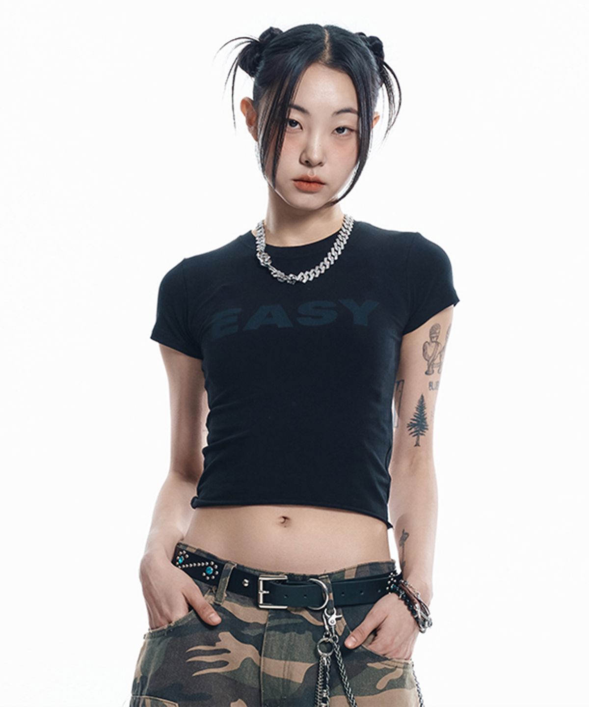 이지노이지(EASY NO EASY) EASY 시스루 크롭 반팔 - 블랙