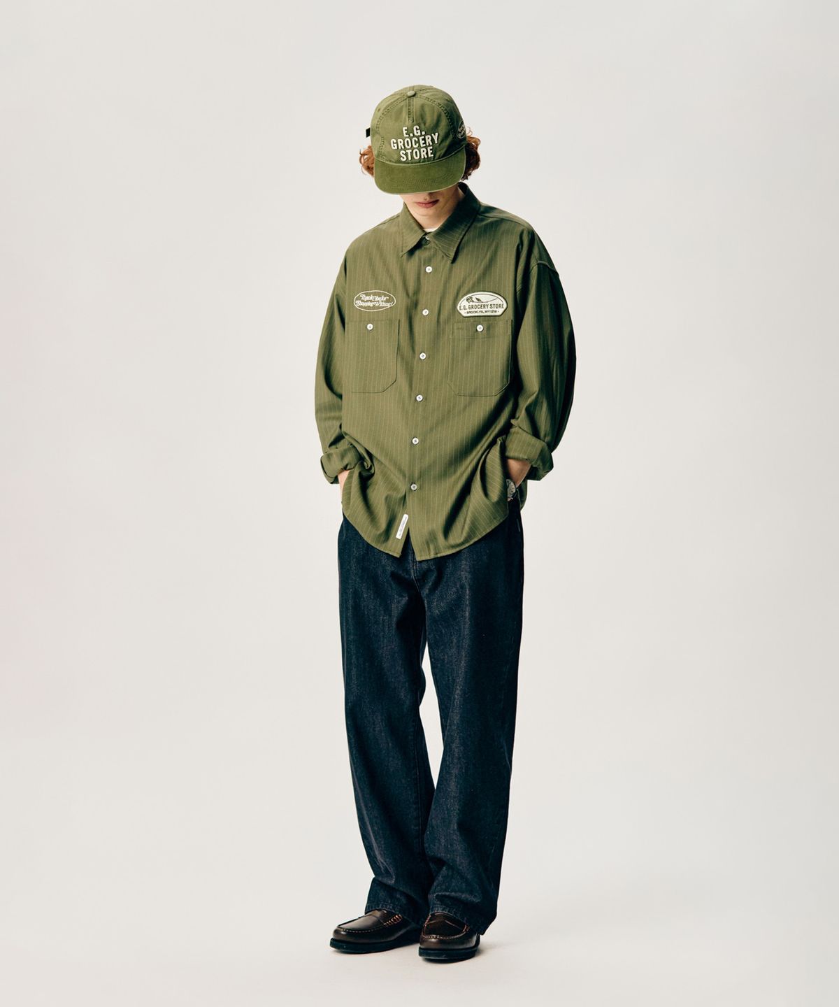 에스피오나지(ESPIONAGE) Striped Work Shirt(Grocery) Olive