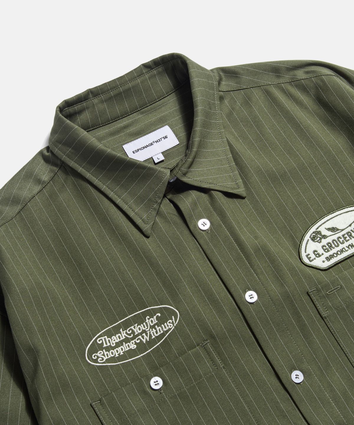 에스피오나지(ESPIONAGE) Striped Work Shirt(Grocery) Olive