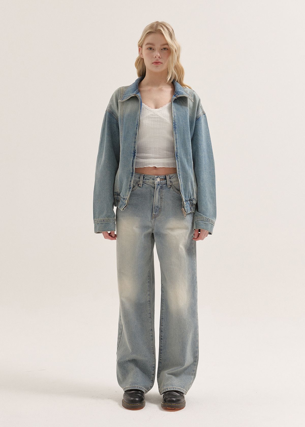 버튼업(BUTTON UP) 엑스레이 워시드 와이드 데님