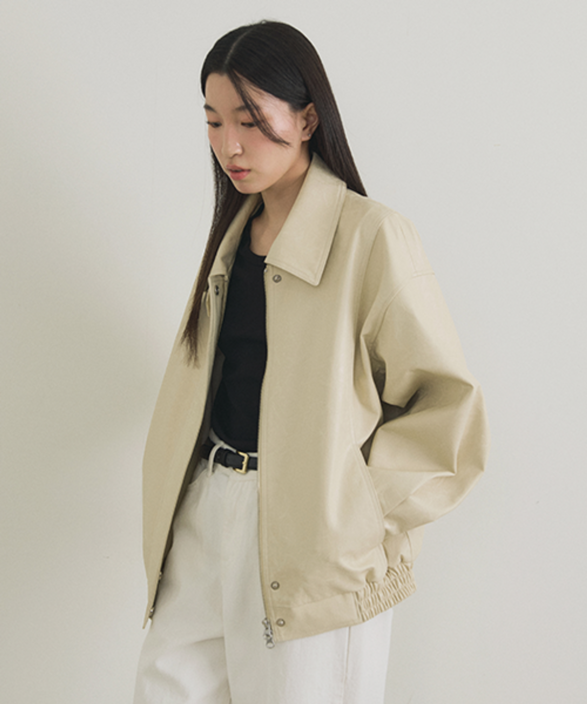 링서울(LINGSEOUL) over fit leather blouson jacket-cream